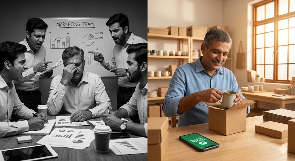 split screen image showing a stressed businessman surrounded by an arguing marketing team on one side, and the same man happily packing online orders with a phone showing “order received” on the other side.