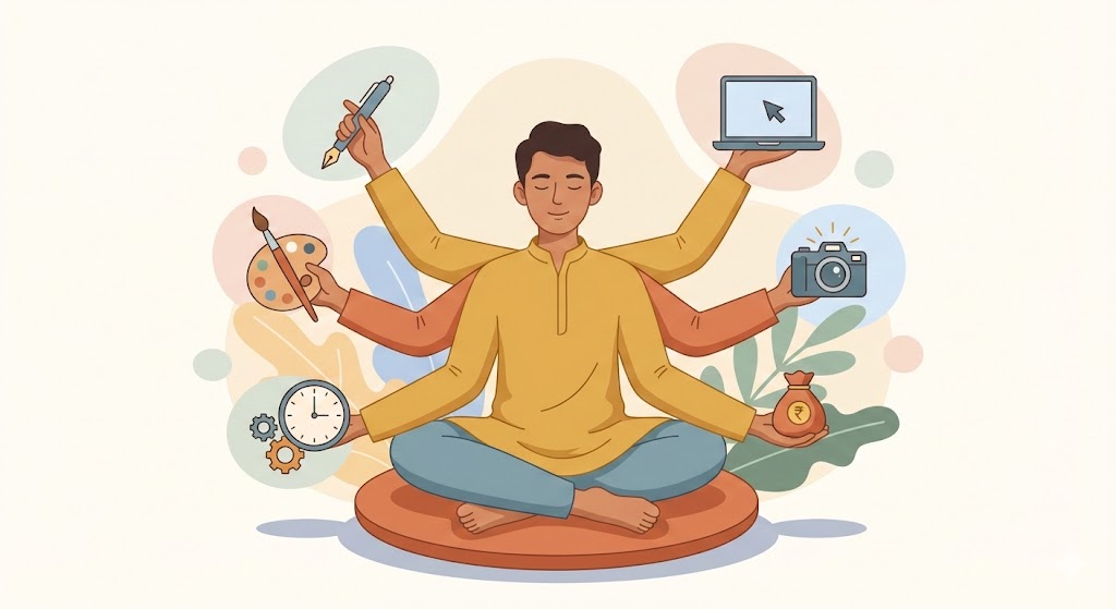 Illustration of a young Indian man sitting cross-legged with multiple arms, each holding symbols of different online earning skills such as writing, design, time management, photography, and digital work.