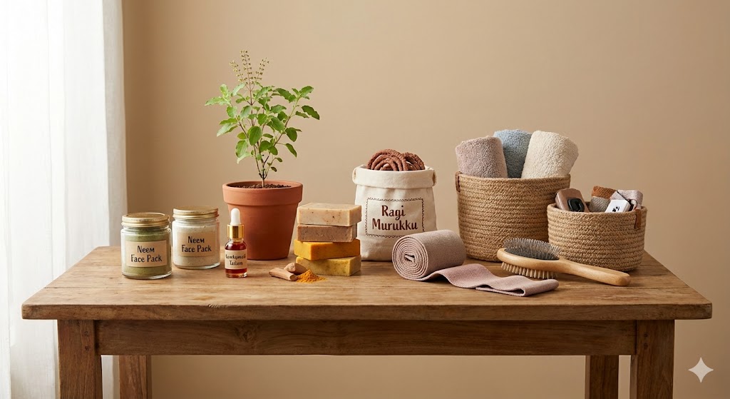 A wooden table displaying neatly arranged Indian niche products including neem face packs, artisanal soaps, a small potted plant, ragi murukku, rolled towels, grooming items, and woven storage baskets.