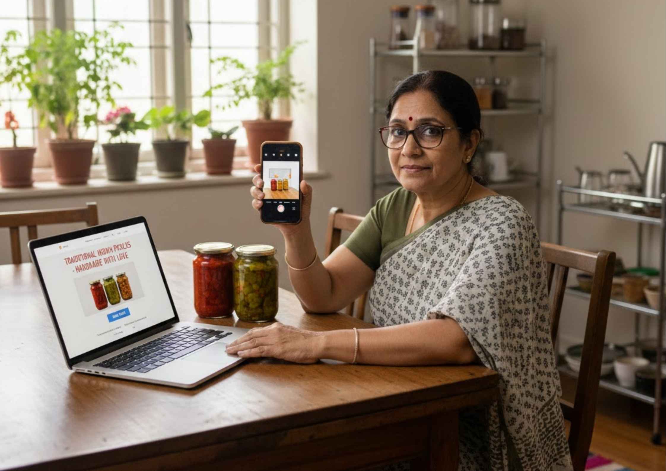 Indian housewife testing an online business idea from home by showing homemade pickles on a phone, with a simple website open on her laptop.