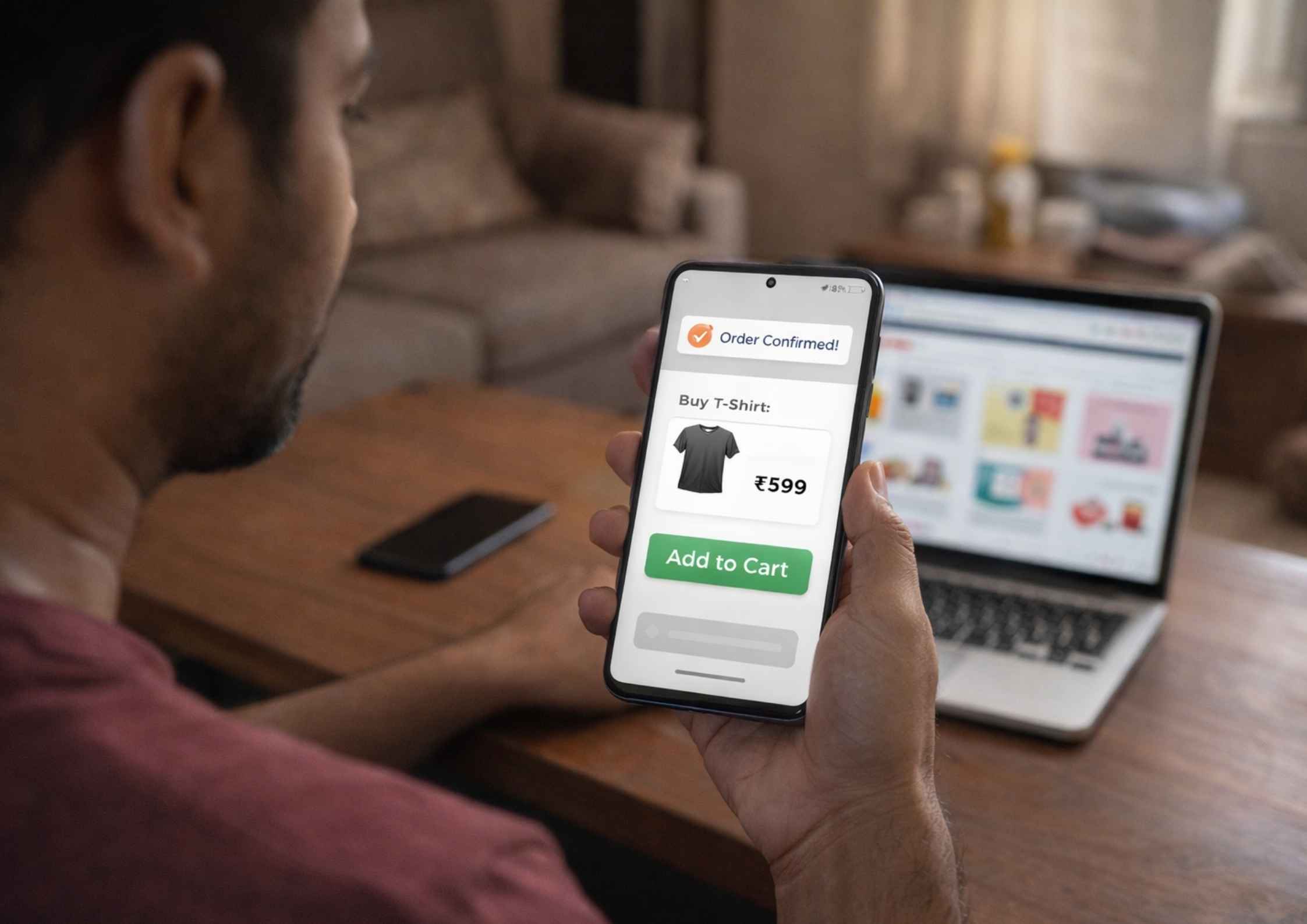 Indian man using a smartphone with an online store screen showing add to cart and order confirmed notification.