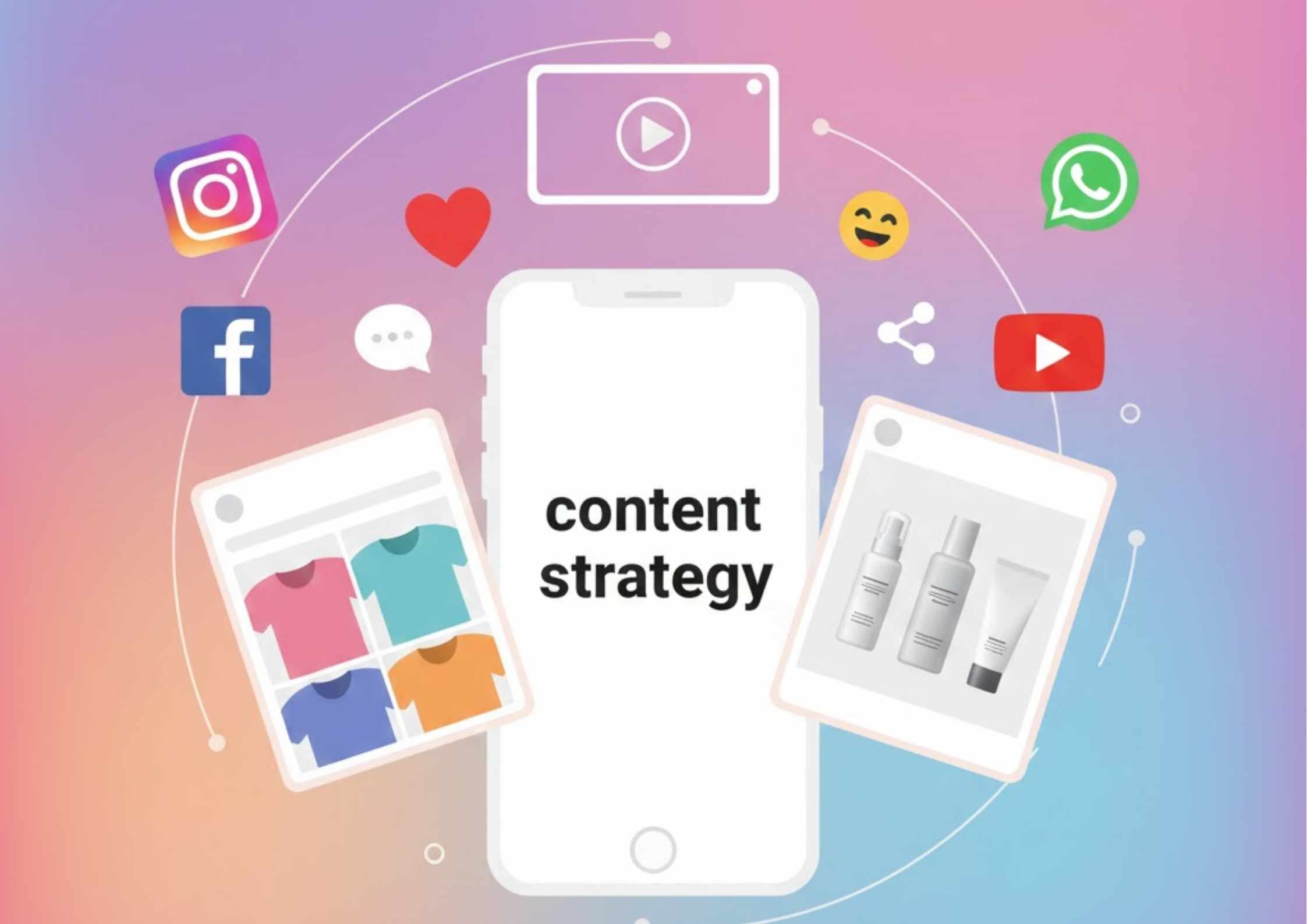 Illustration showing a smartphone with the words content strategy, surrounded by instagram, facebook, youtube, and whatsapp icons, along with t-shirt and beauty product posts, likes, and emojis.