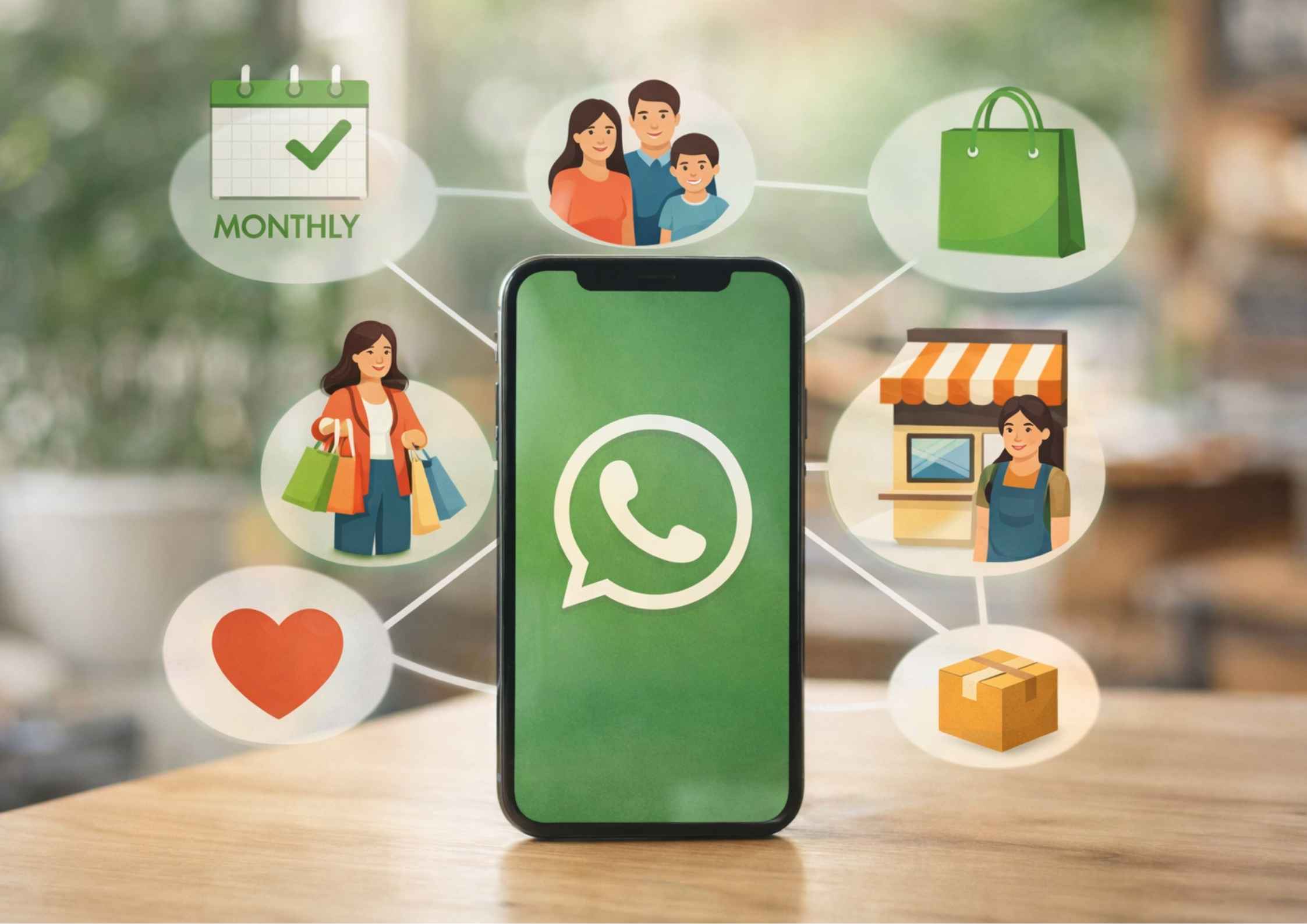 Smartphone showing whatsapp on a table with visual elements representing customers, monthly buying, delivery, and trust in a blurred background.