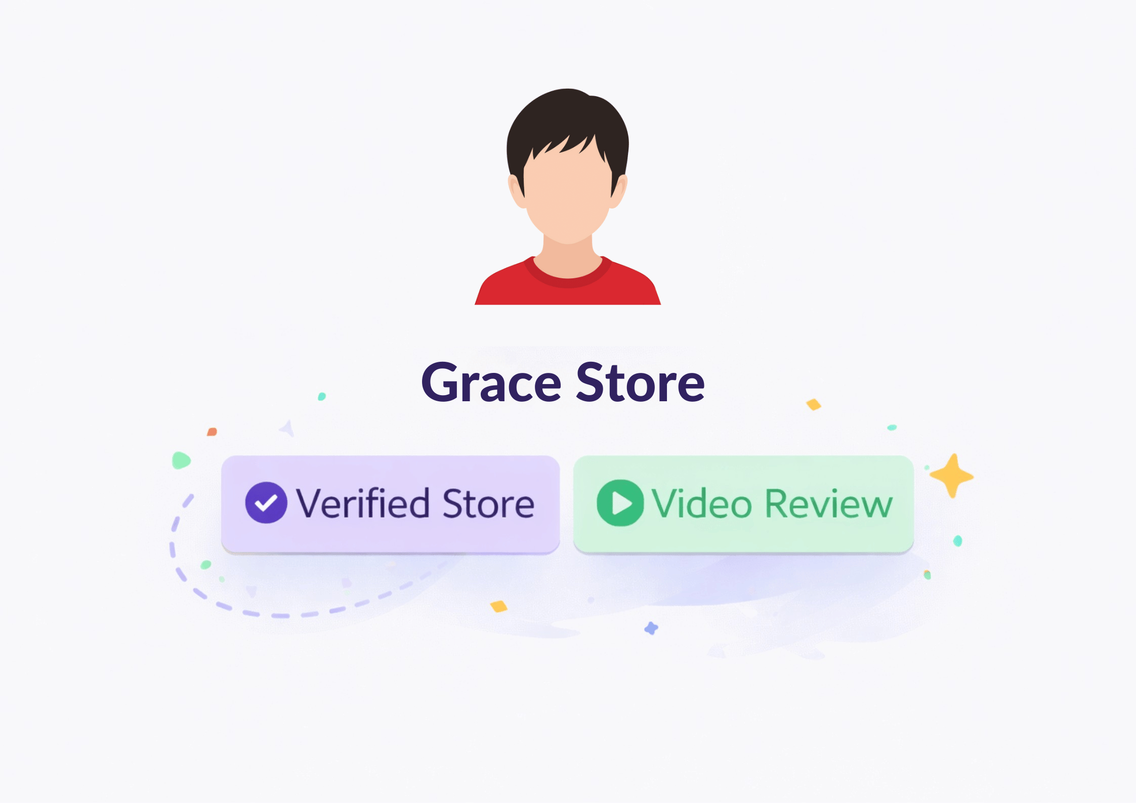 “Verified store owner profile showing store logo, store name, and video review badge”