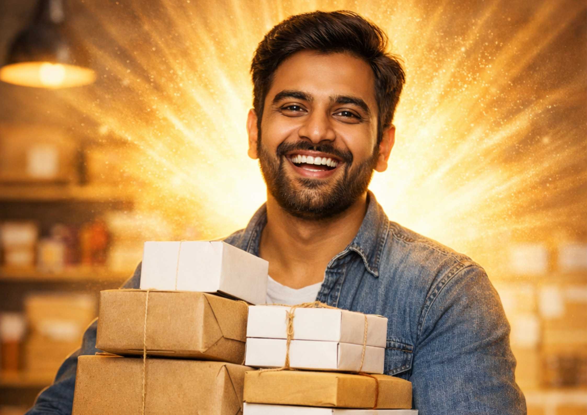 Small indian business owner holding multiple packed orders with a warm glow behind him, representing growth through free marketing.