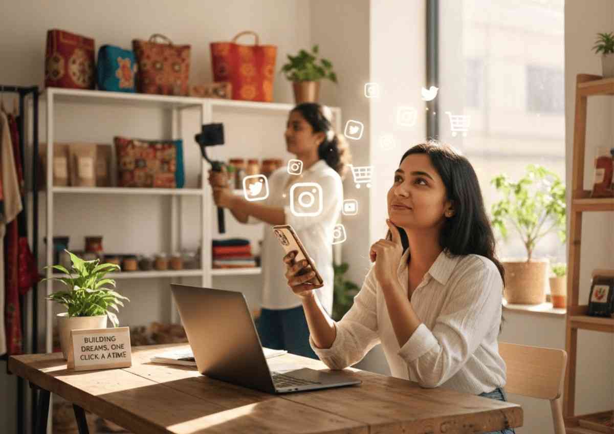 Young Indian content creator filming product video while small business owner manages online store on laptop and phone.