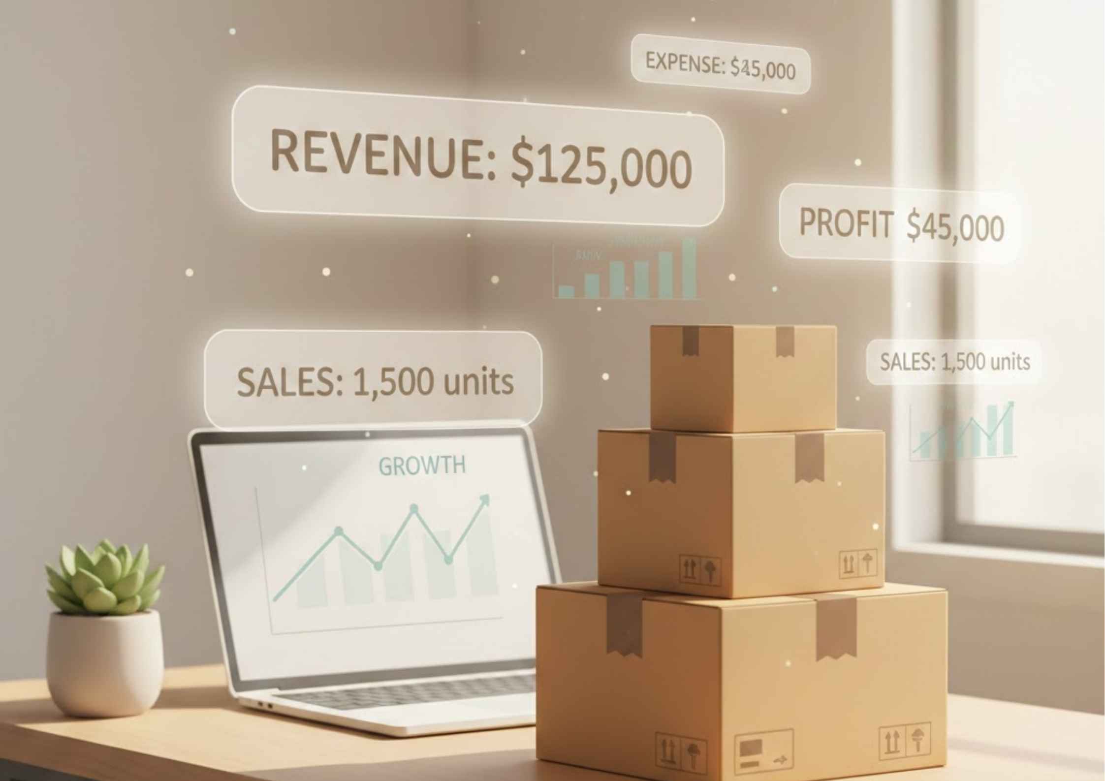 Ecommerce business analytics concept with stacked shipping boxes, laptop showing growth chart, and floating revenue, profit, sales, and expense metrics.