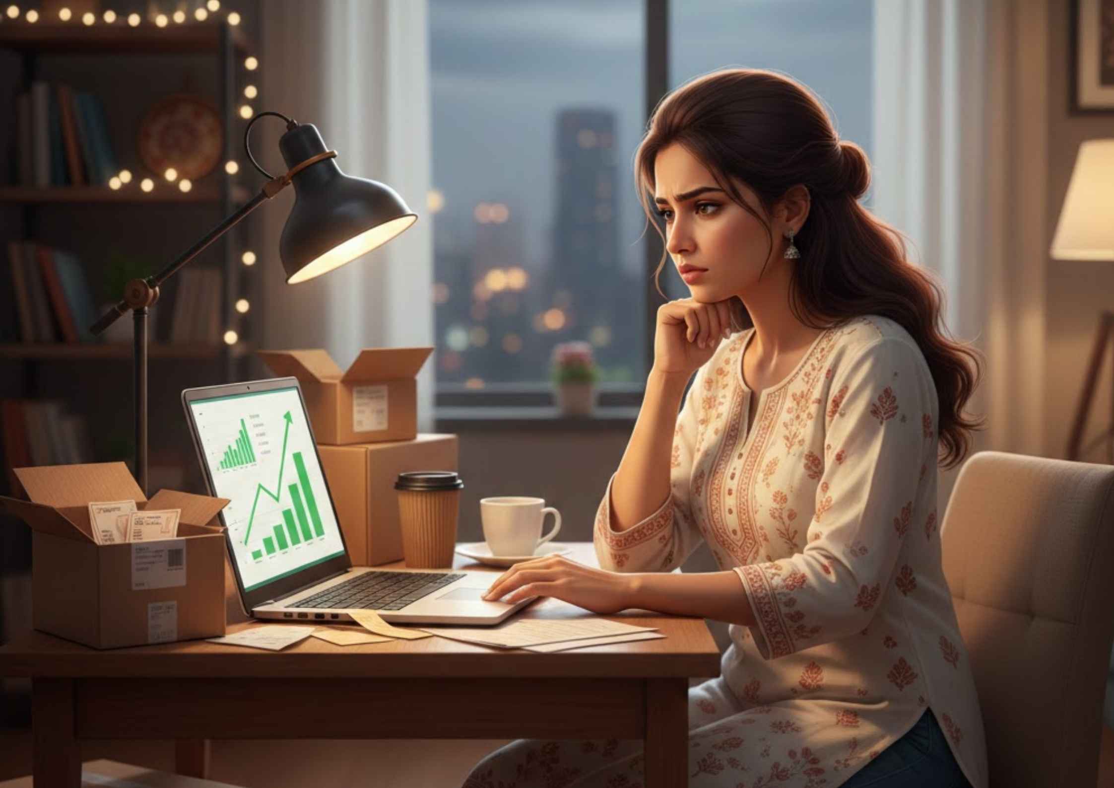 Young Indian woman working on a laptop with rising sales graphs, sitting at a desk surrounded by packed parcels, looking thoughtful at night.