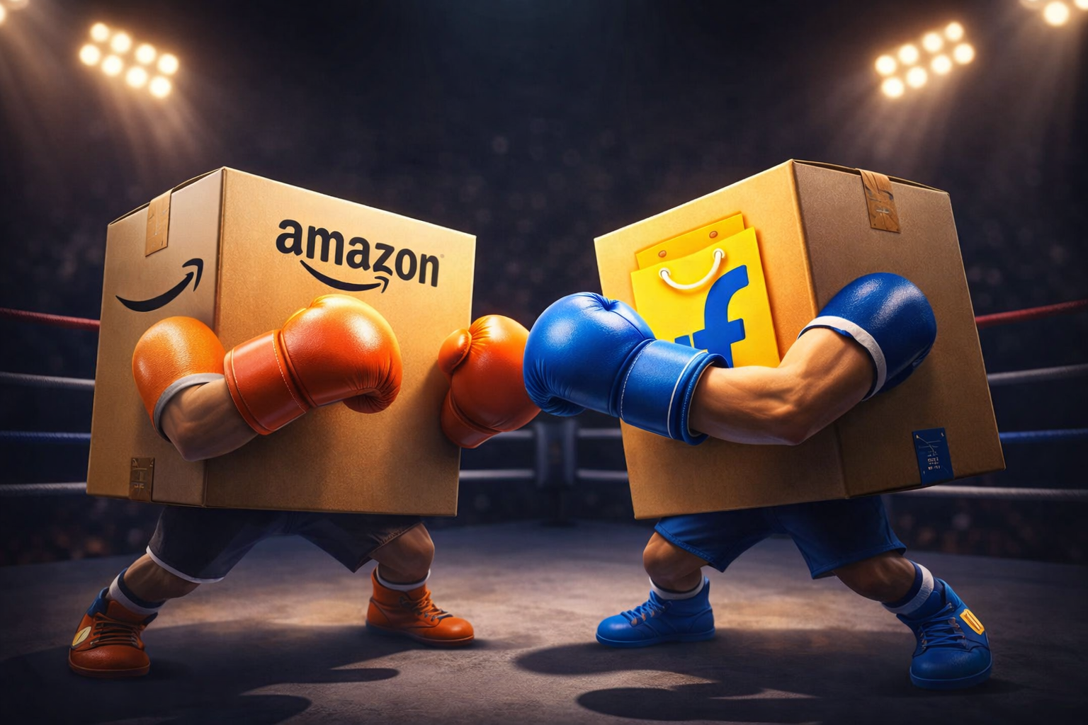Two stylised 3d shipping boxes wearing boxing gloves facing off in a dramatic ring, symbolising competition between Amazon and Flipkart.