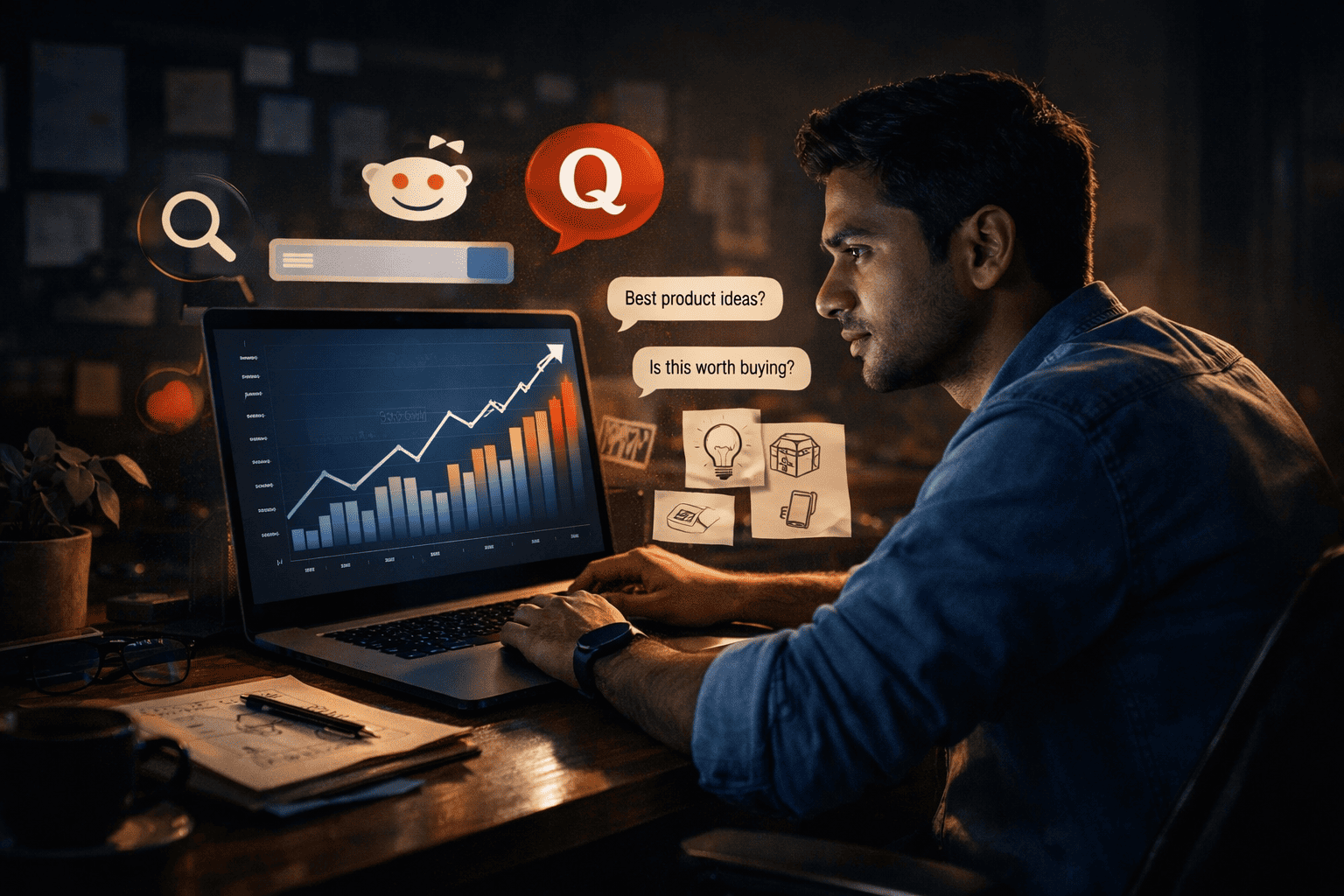 Young Indian entrepreneur analysing search trend graphs on a laptop at night with floating discussion icons and product idea notes around the screen.