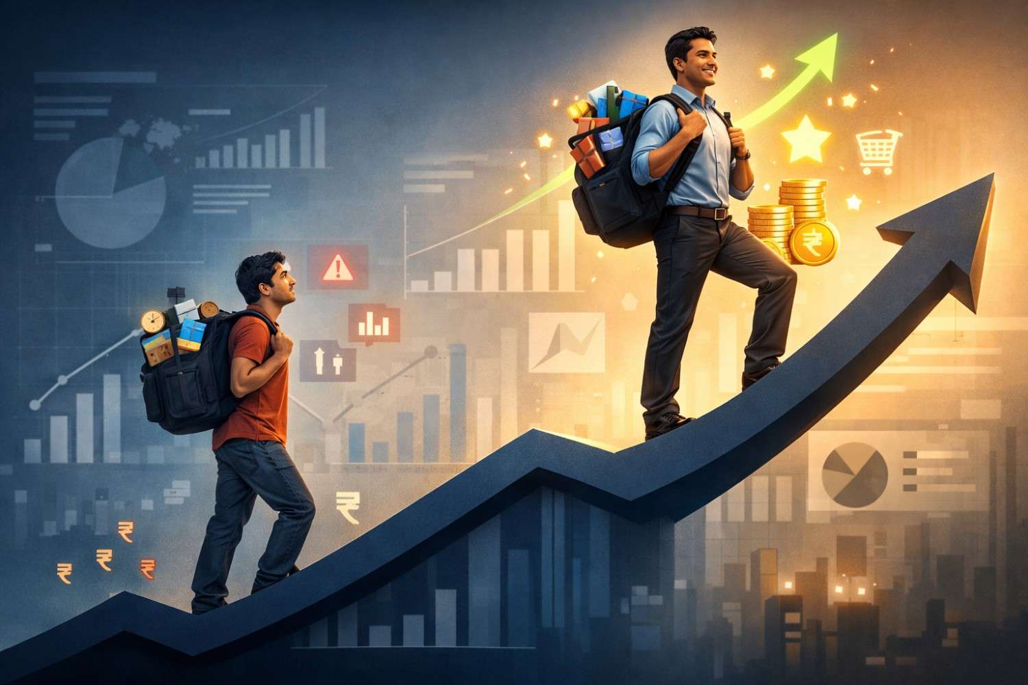 Two ecommerce sellers standing on an upward sales graph carrying product backpacks, showing the difference between low sales and high sales performance.