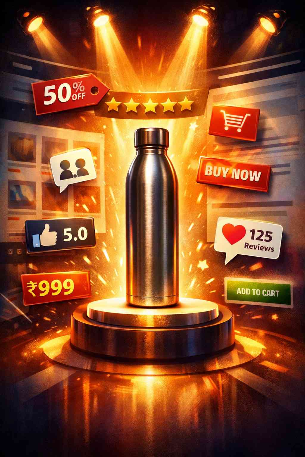 Ecommerce product displayed on a glowing pedestal with stars, price tags, reviews, and buy buttons illustrating product page optimization for higher sales.