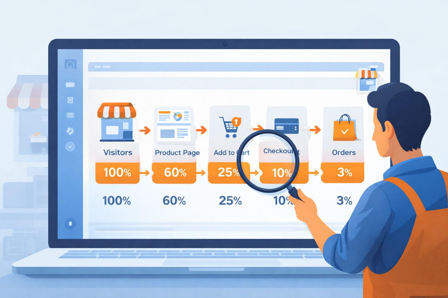 Ecommerce conversion funnel on a laptop showing visitors to orders drop with percentages