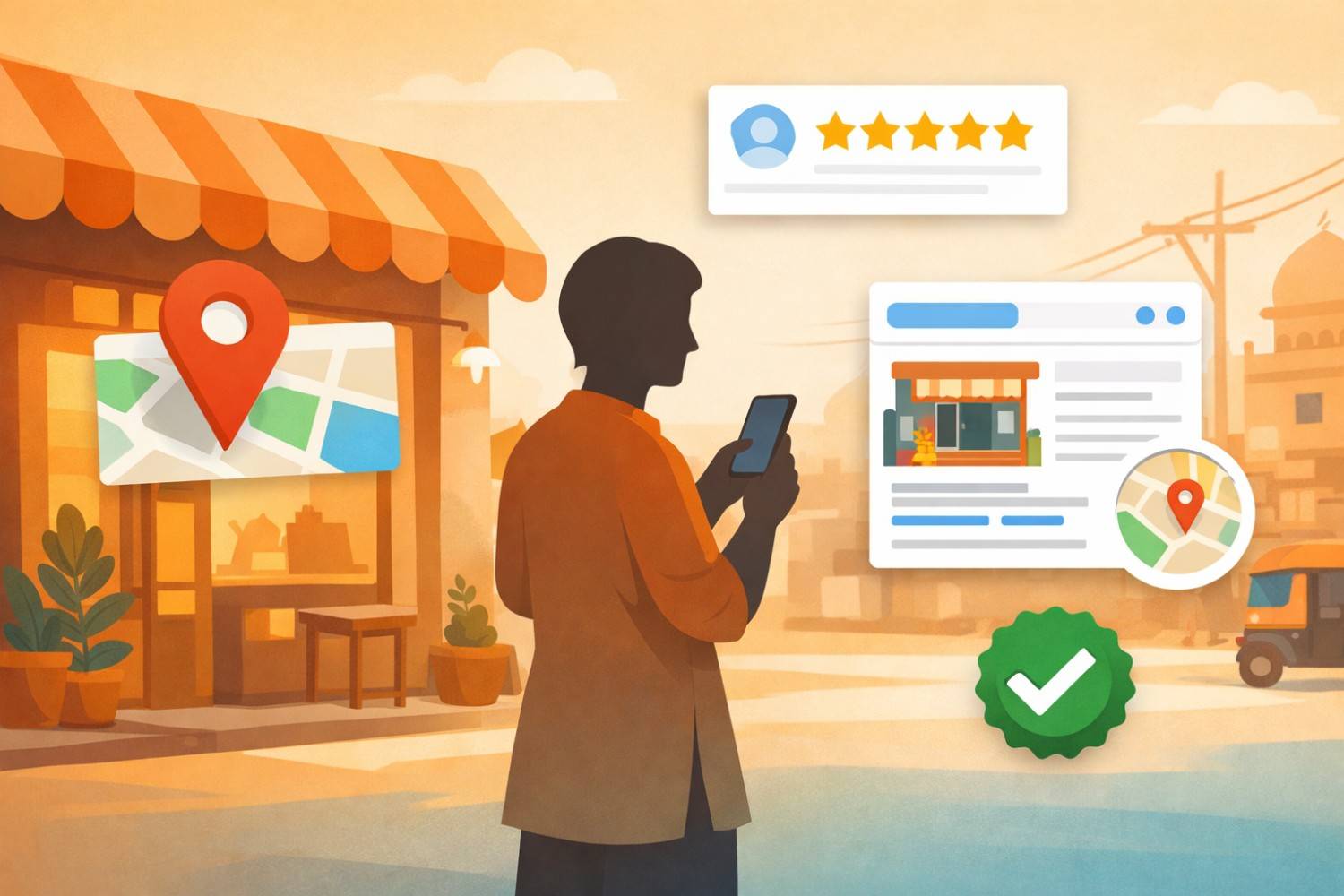 Indian small business owner setting up Google My Business profile on a smartphone