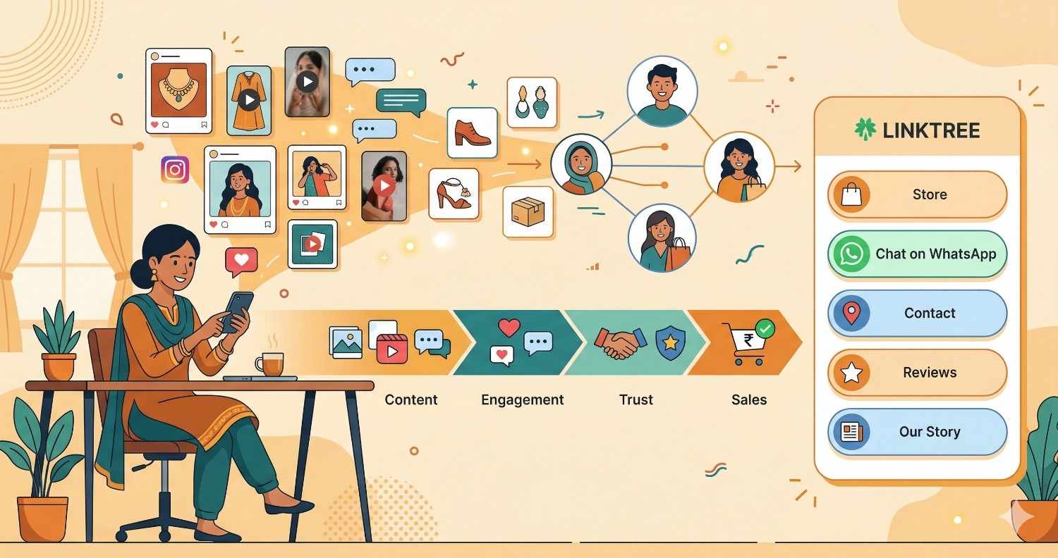 Indian female ecommerce seller using smartphone with content funnel and Linktree panel showing store and WhatsApp options