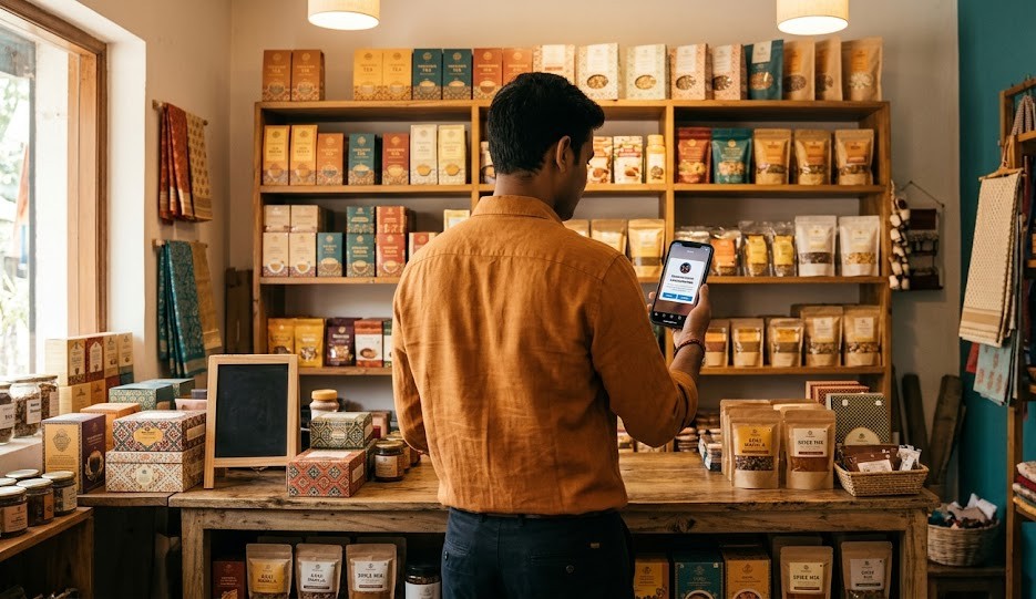 Rear view of an entrepreneur in a saffron-colored shirt holding a phone with a creator notification in a modern Indian shop with teal walls and gold accents.