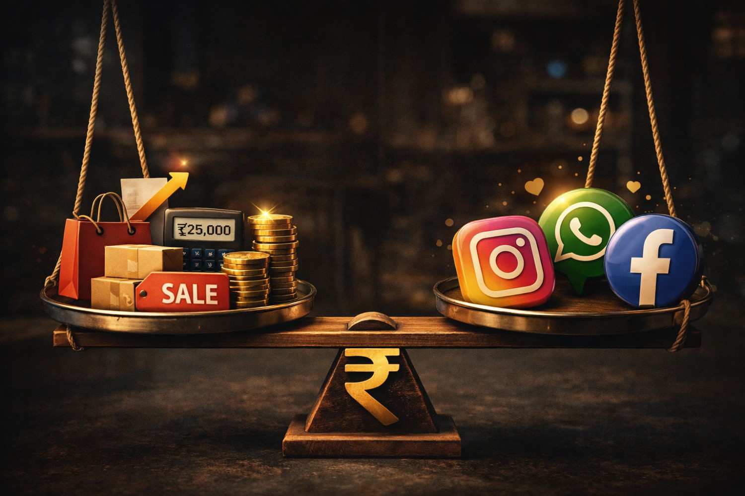 Cinematic dark scene showing a balance scale with shopping elements on one side and Instagram, WhatsApp, and Facebook icons on the other representing social commerce