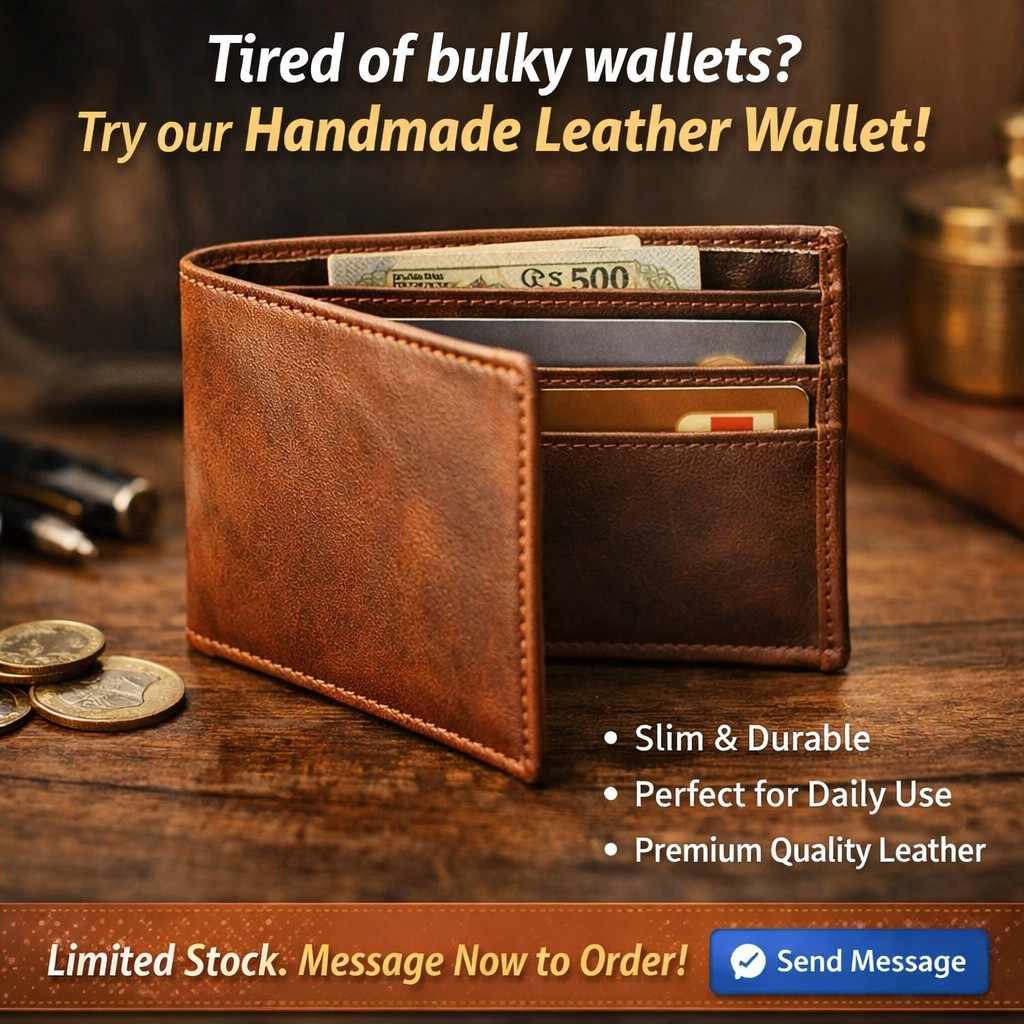 Premium handmade leather wallet displayed on a wooden surface as a product ad for social media marketing