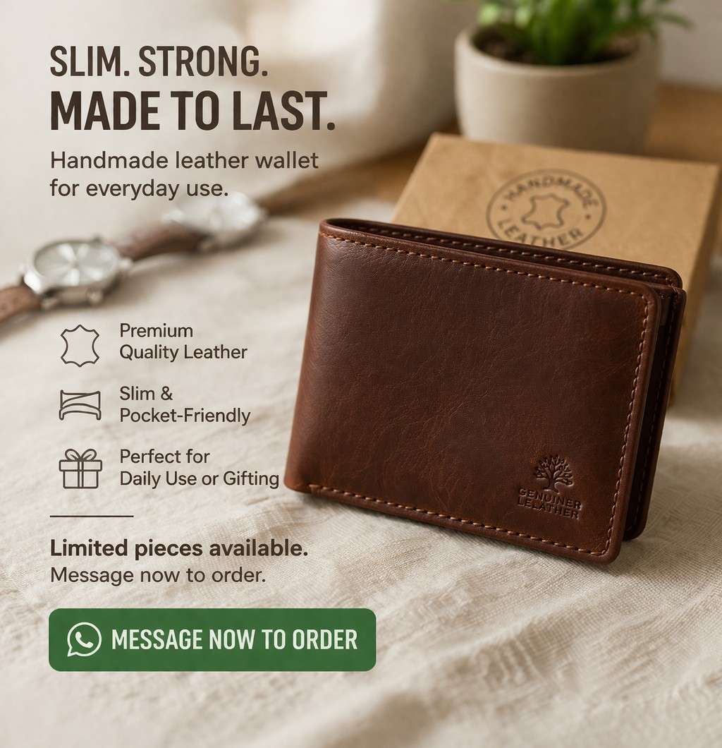 Premium handmade leather wallet displayed on a wooden surface as a product ad for social media marketing