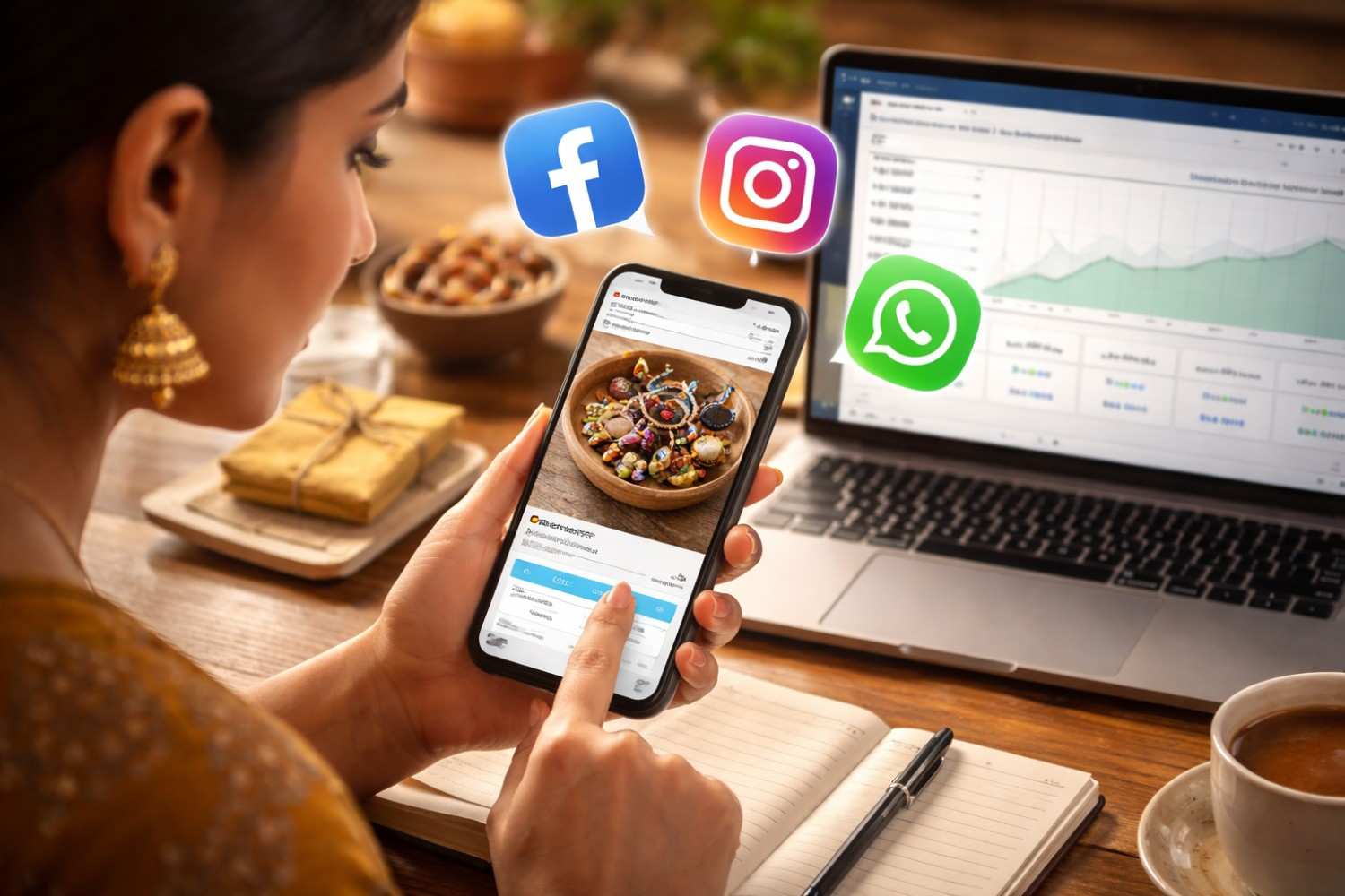 Indian woman using smartphone and laptop to manage Facebook and Instagram ads for her small business