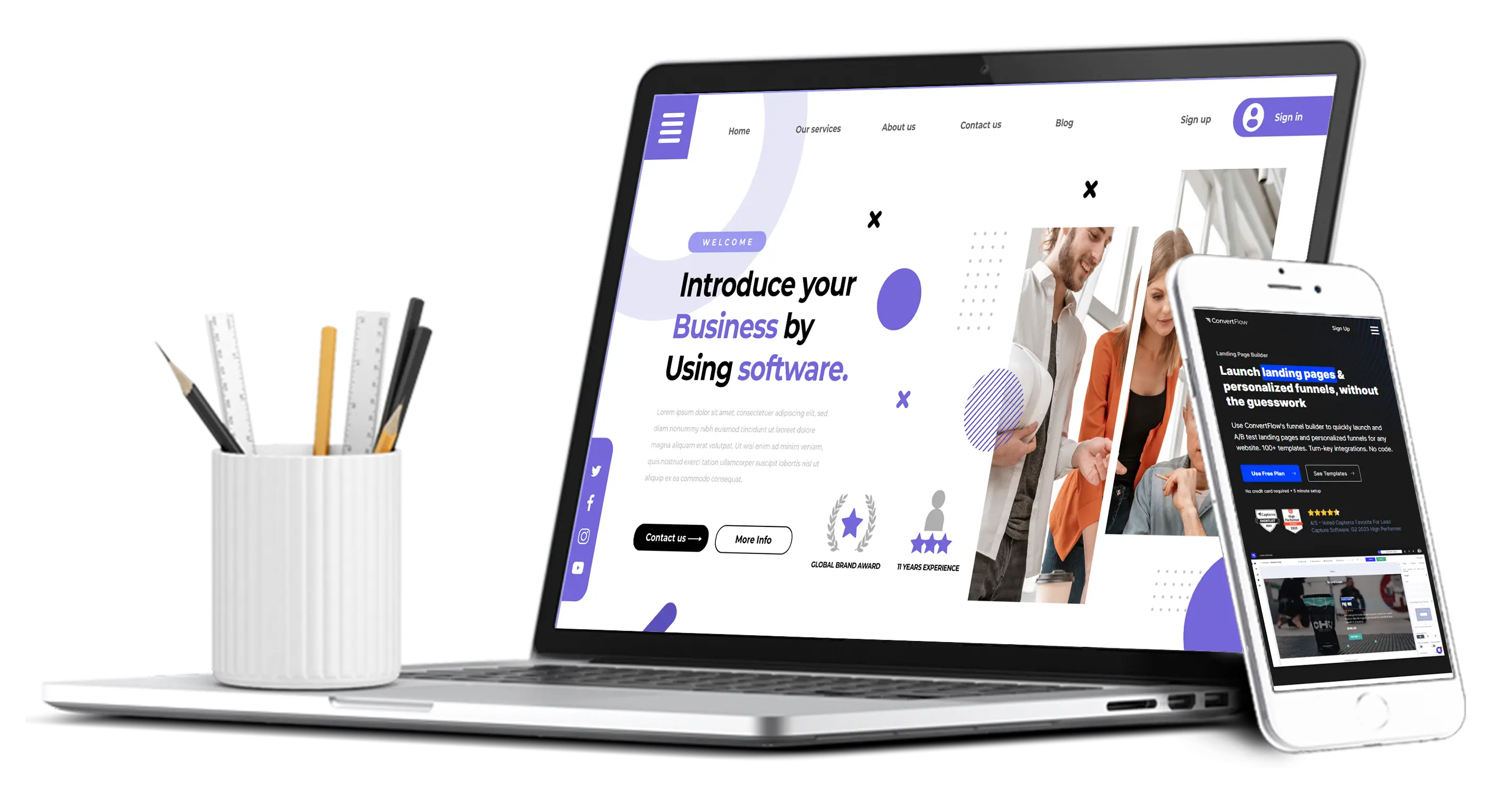 A laptop displays a website for a web design company. 