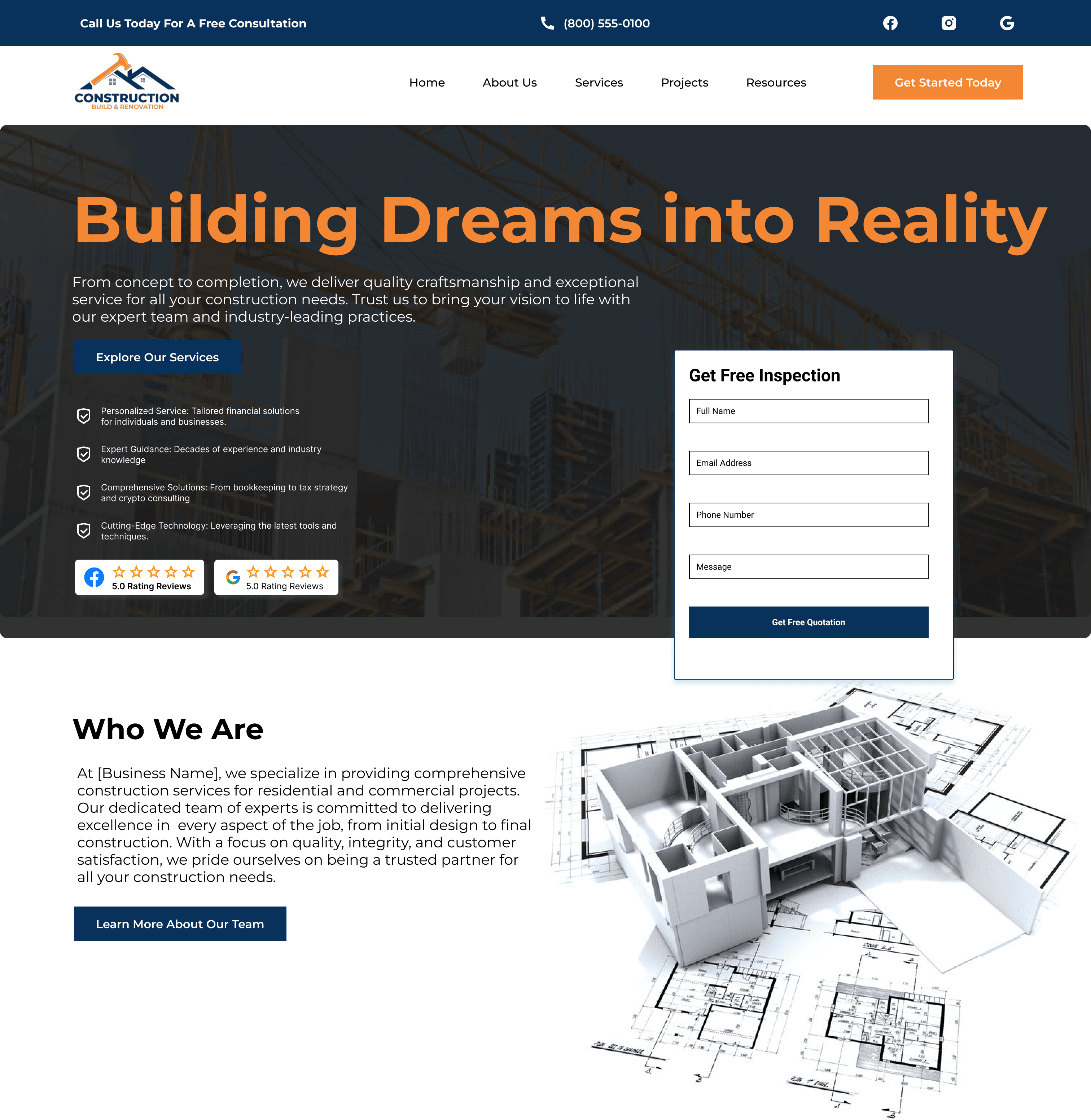 Construction company website homepage featuring a "Building Dreams into Reality" slogan, service highlights, a contact form, and architectural blueprints with a 3D model.