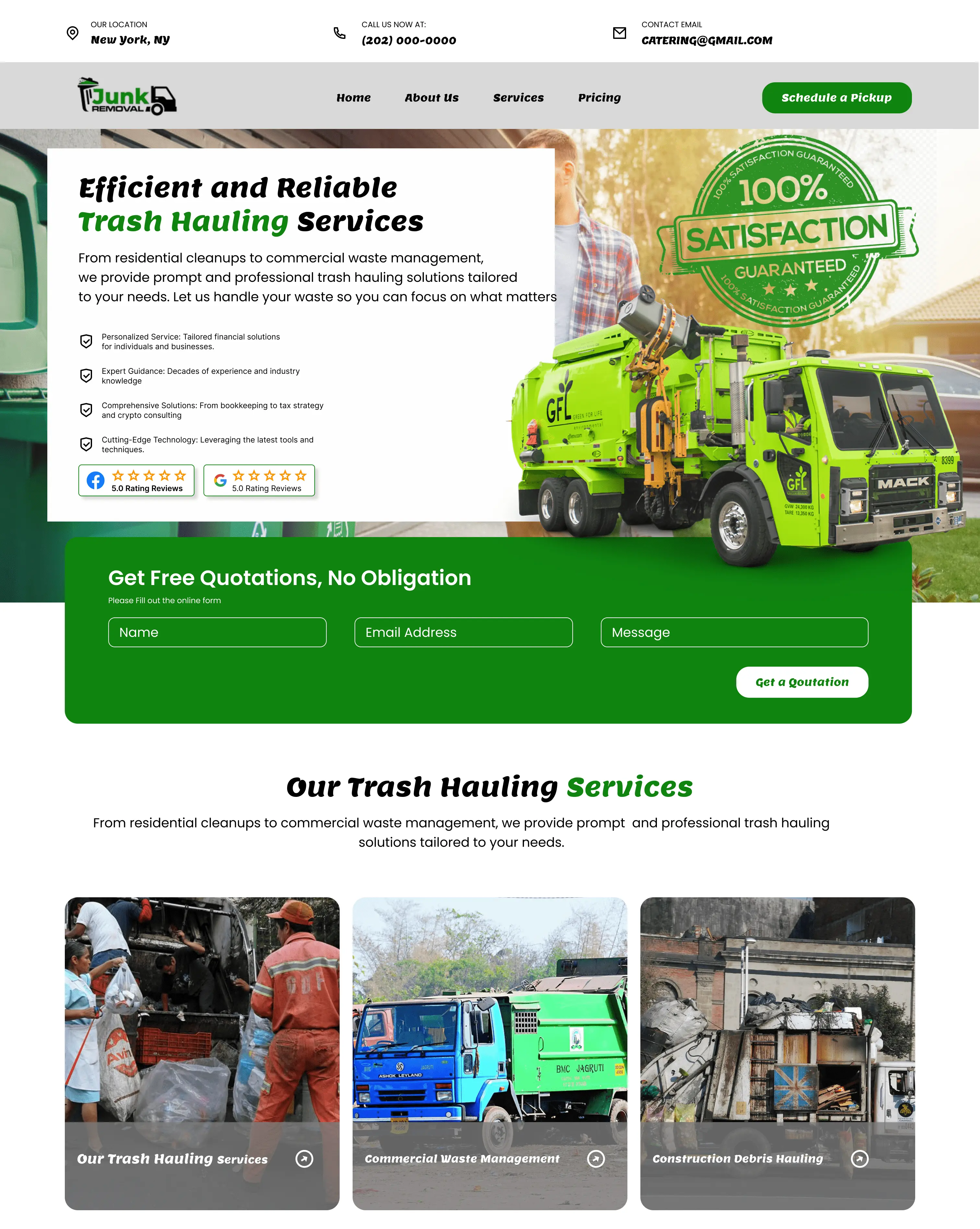 A Trash hauling service company website homepage image 