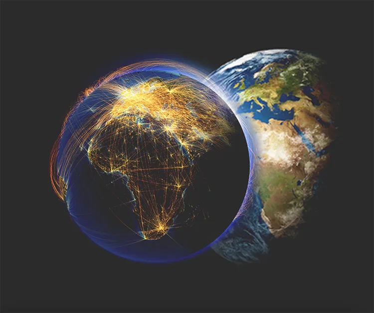 Verdens globe i to ulike visninger med fargerike tråder rundt den ene globen.