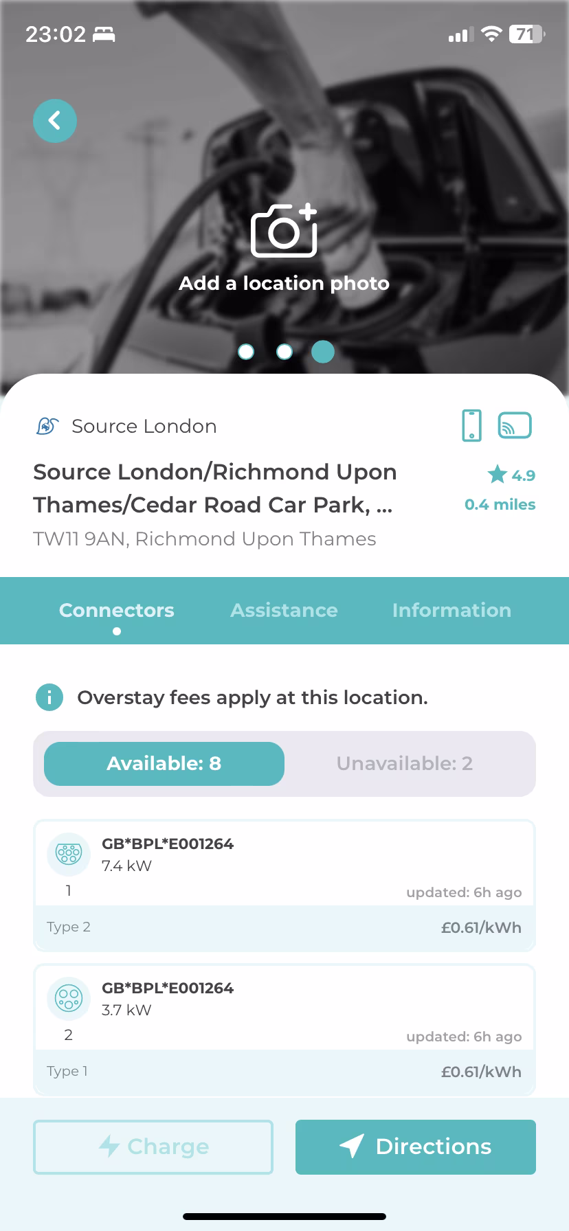 Screenshot of the Paua App opened on a charging location details screen