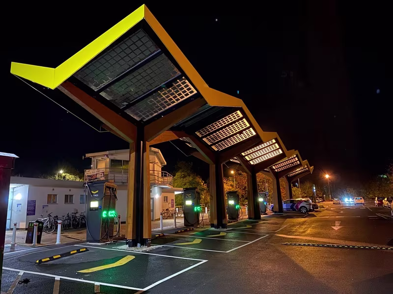 Paua polestar ev charging at a Fastned charge location at night