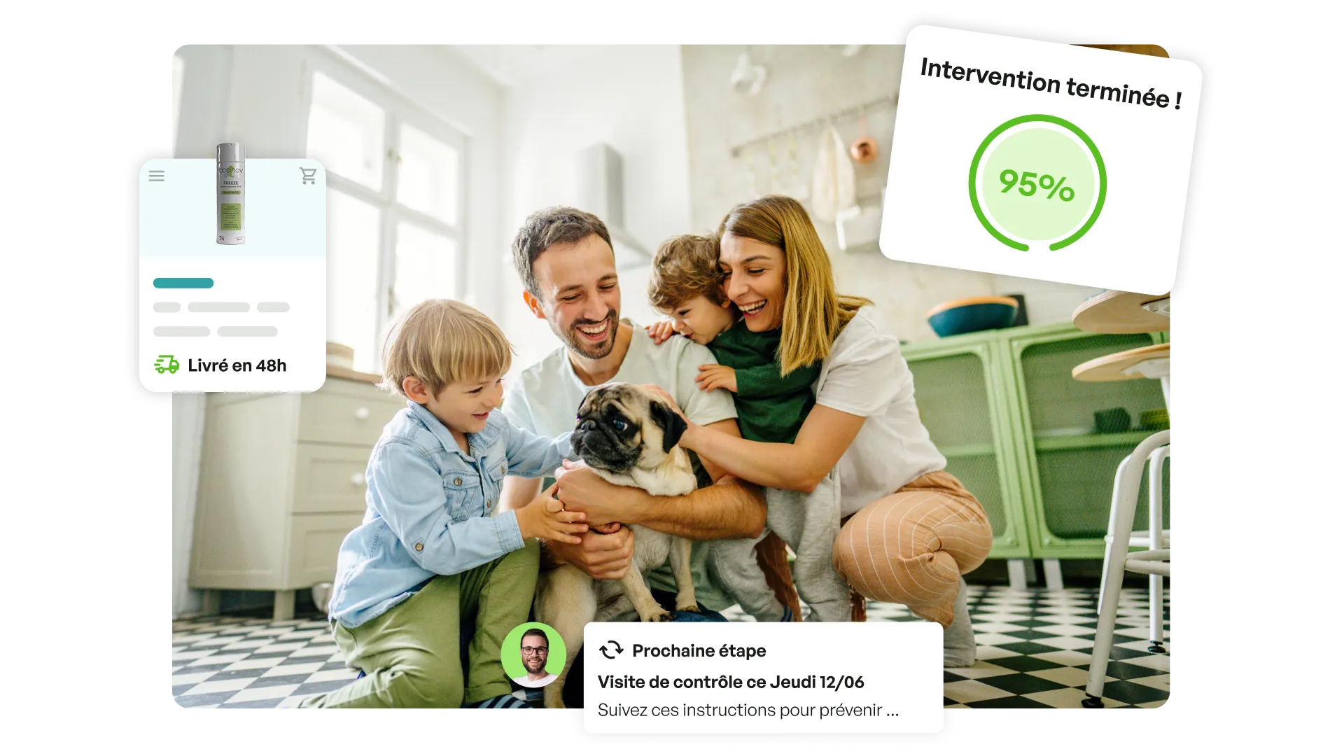 Famille souriante avec deux enfants et un carlin dans une cuisine lumineuse au sol en damier, avec des encadrés d'interface affichant une intervention à 95%, une livraison en 48h, et une visite de contrôle programmée.