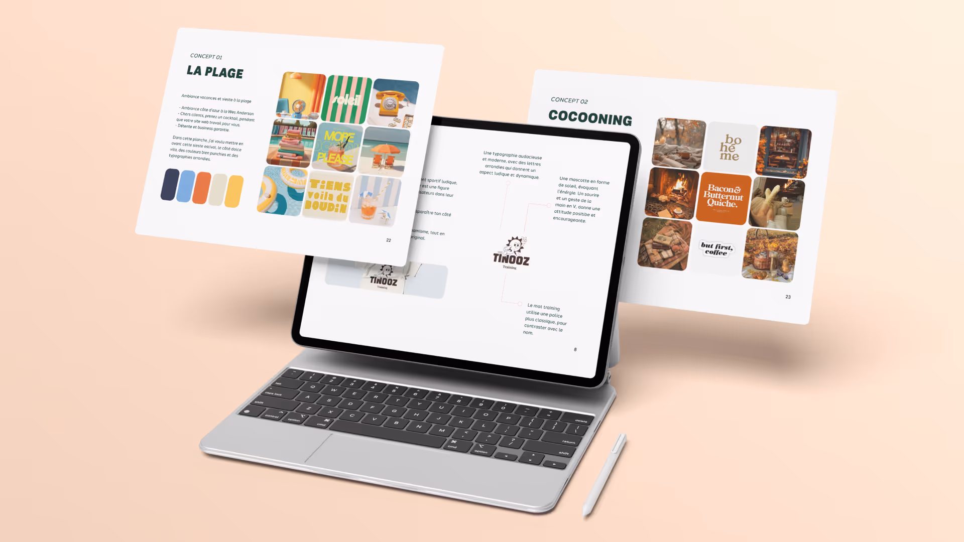 Ordinateur portable gris avec stylet, affichant des pages de concepts de design intitulées La Plage et Cocooning avec des motifs colorés et images thématiques.