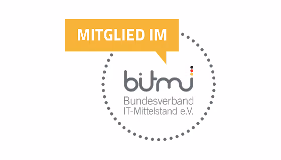 Logo des Bundesverbands IT-Mittelstand mit den Worten Software, Made in Germany und 100% Service, Qualität, Zukunft.