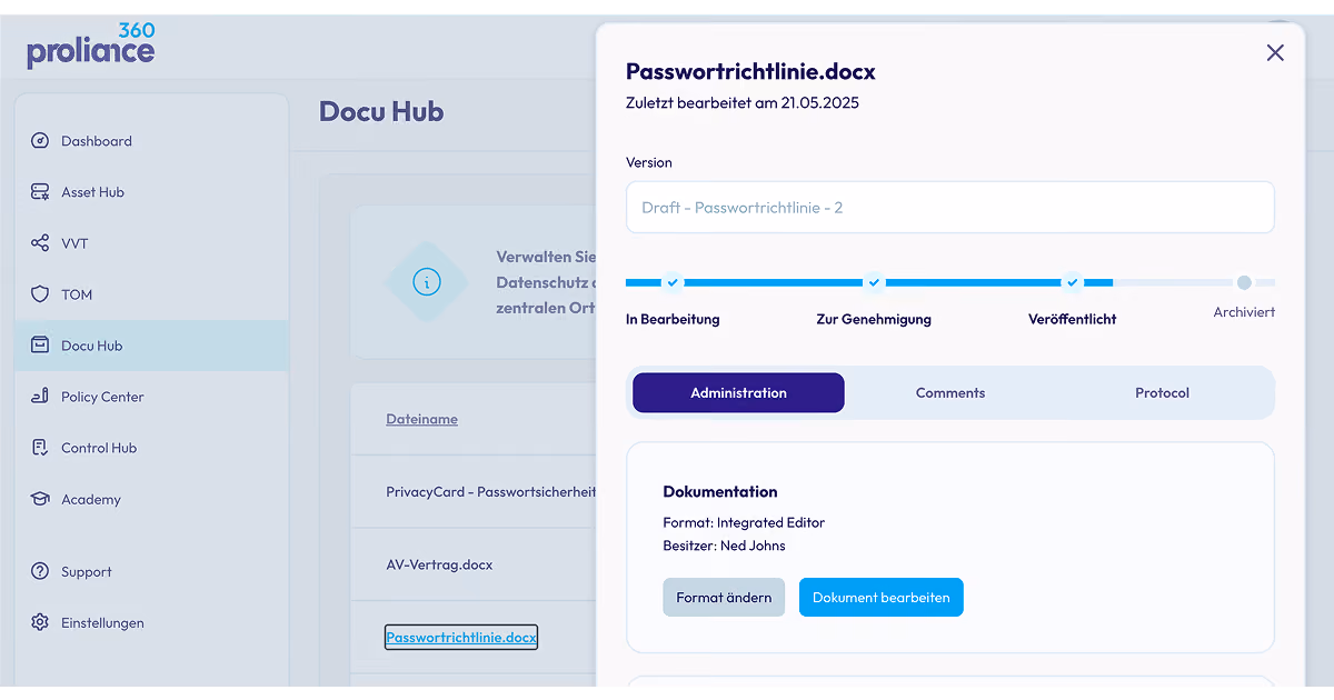 Dashboard interface showing Docu Hub document status and details for Passwortrichtlinie.docx file.