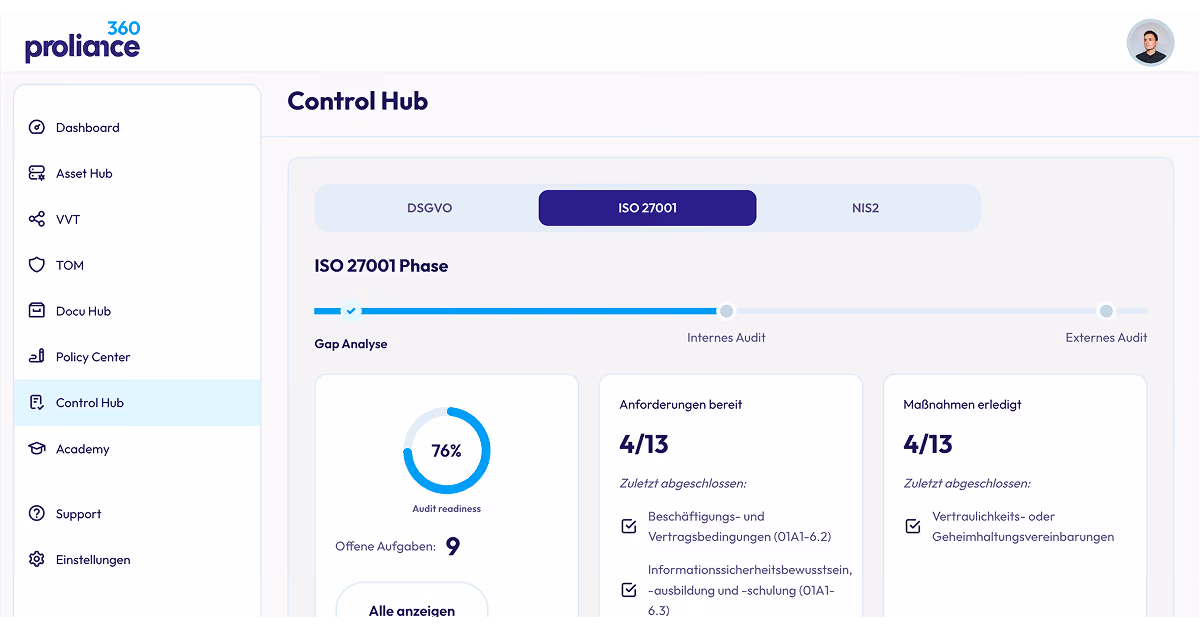 Dashboard screen showing ISO 27001 phase with 76% audit readiness and task lists in Control Hub.