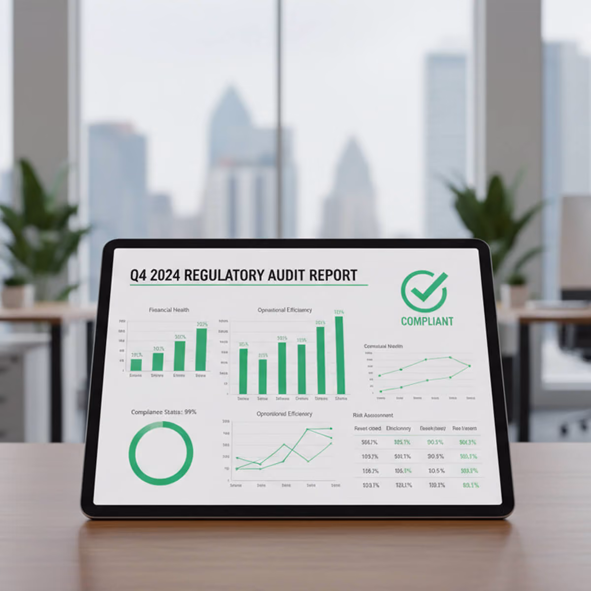 Tablet zeigt Q4 2024 Regulierungsprüfungsbericht mit grünen Diagrammen und 99% Compliance-Status.