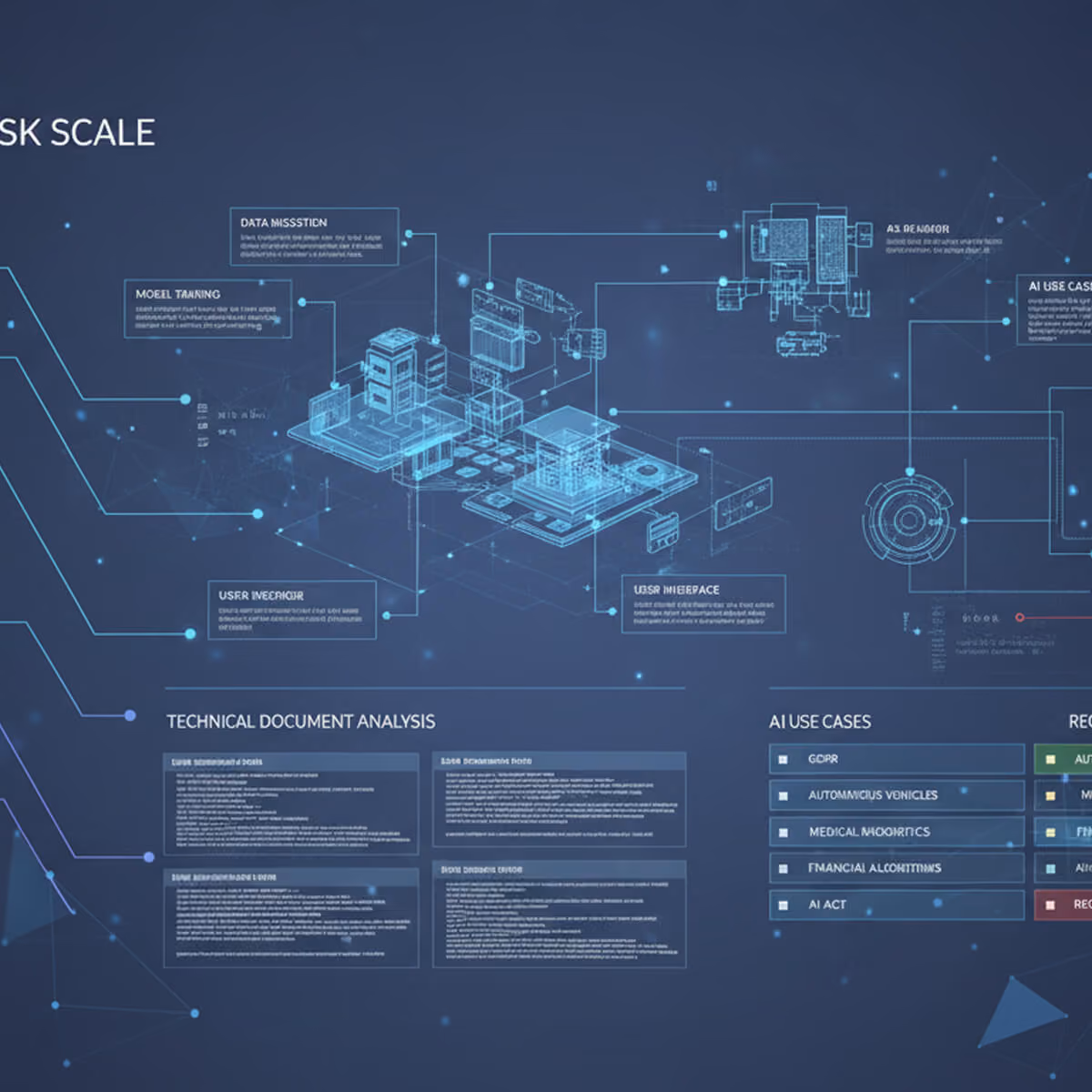 Technische Grafik mit Datenfluss, Schnittstellen und Anwendungsfällen für KI unter Analyse und Compliance.