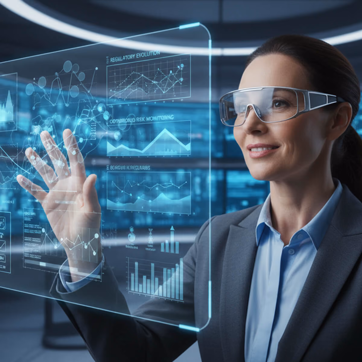 Frau mit Schutzbrille arbeitet an transparentem virtuellen Touchscreen mit Diagrammen.