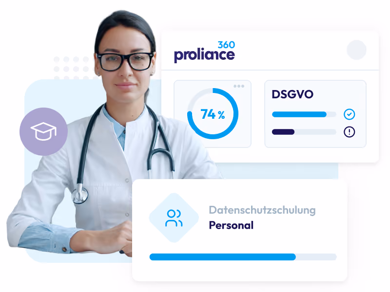 Ärztin mit Stethoskop und Daten zur Datenschutzschulung und DSGVO, Fortschritt 74 Prozent.