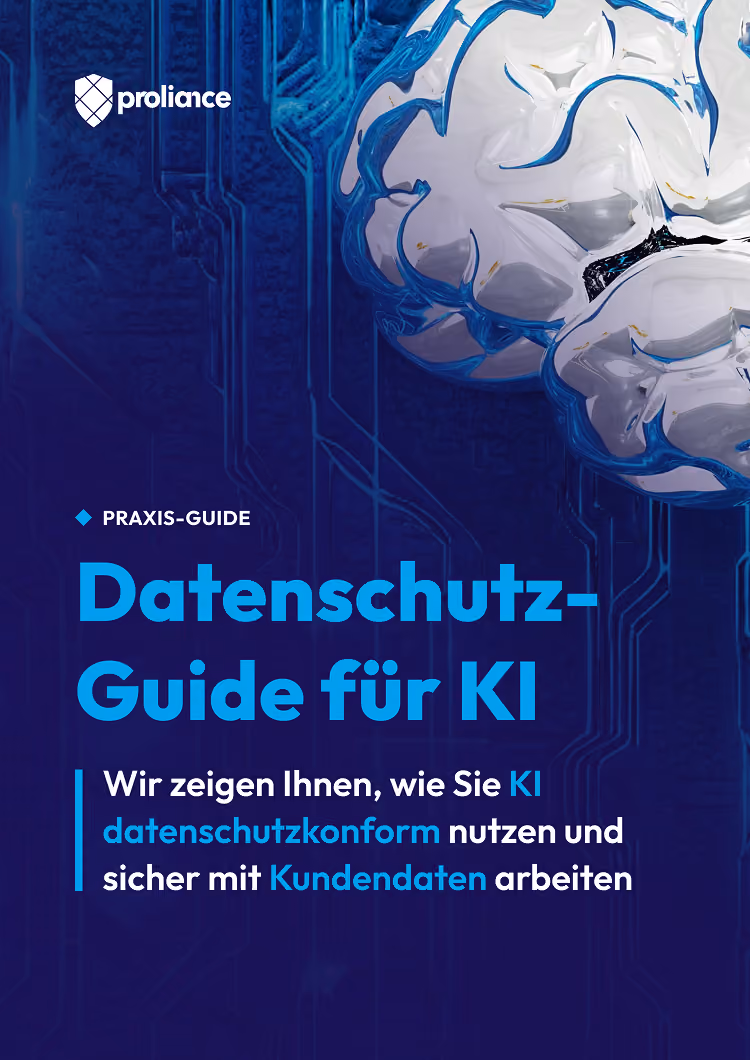 Cover eines Praxis-Guides von proliance mit dem Titel "Datenschutz-Guide für KI" und Untertitel "Wir zeigen Ihnen, wie Sie KI datenschutzkonform nutzen und sicher mit Kundendaten arbeiten" vor einem blauen Hintergrund mit abstrakten, kristallartigen Formen.