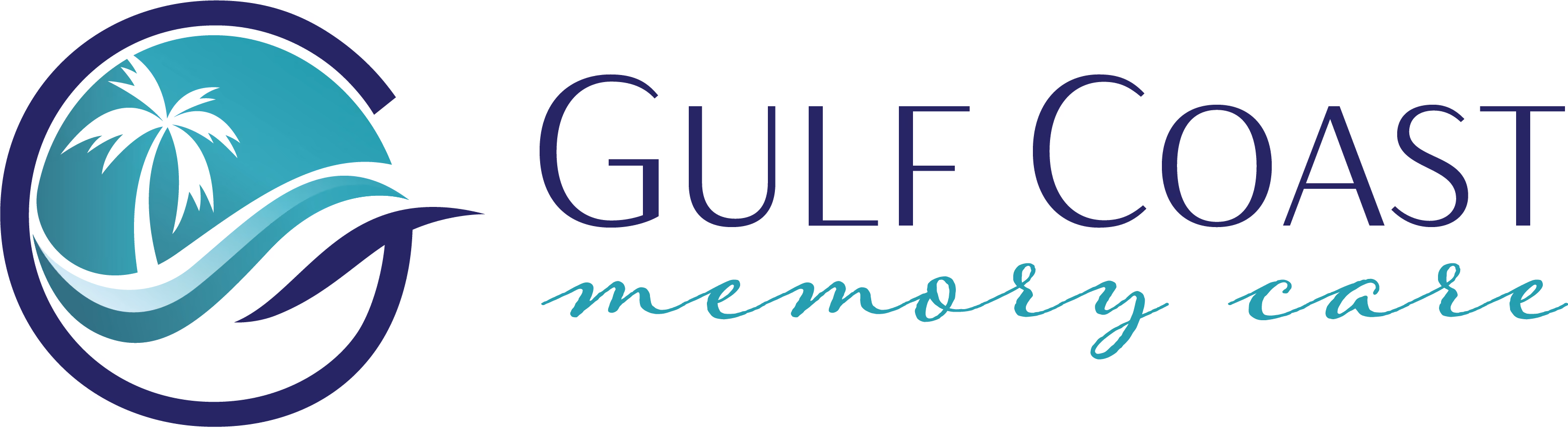 Gulf Coast Memory Care logo featuring a stylized wave and palm tree inside a circular shape.