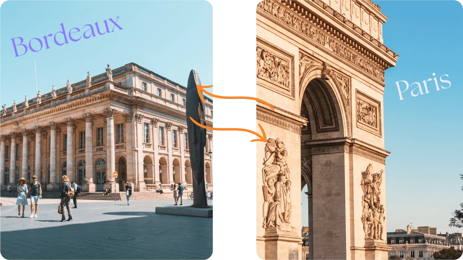 Comparaison entre un monument historique de Bordeaux avec une sculpture verticale et l'Arc de Triomphe à Paris sous un ciel bleu.