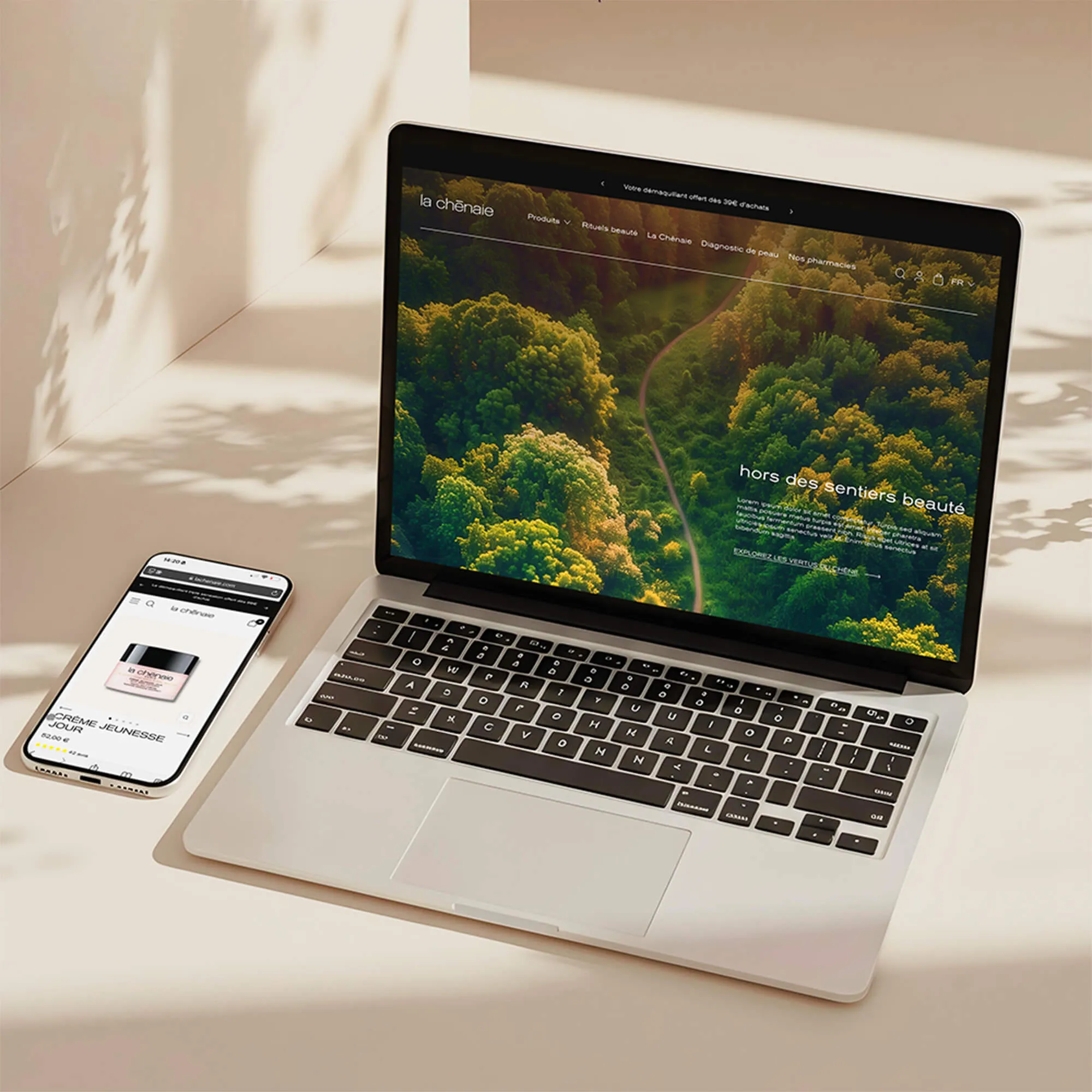 Mock-up desktop et mobile du site e-commerce de La Chênaie