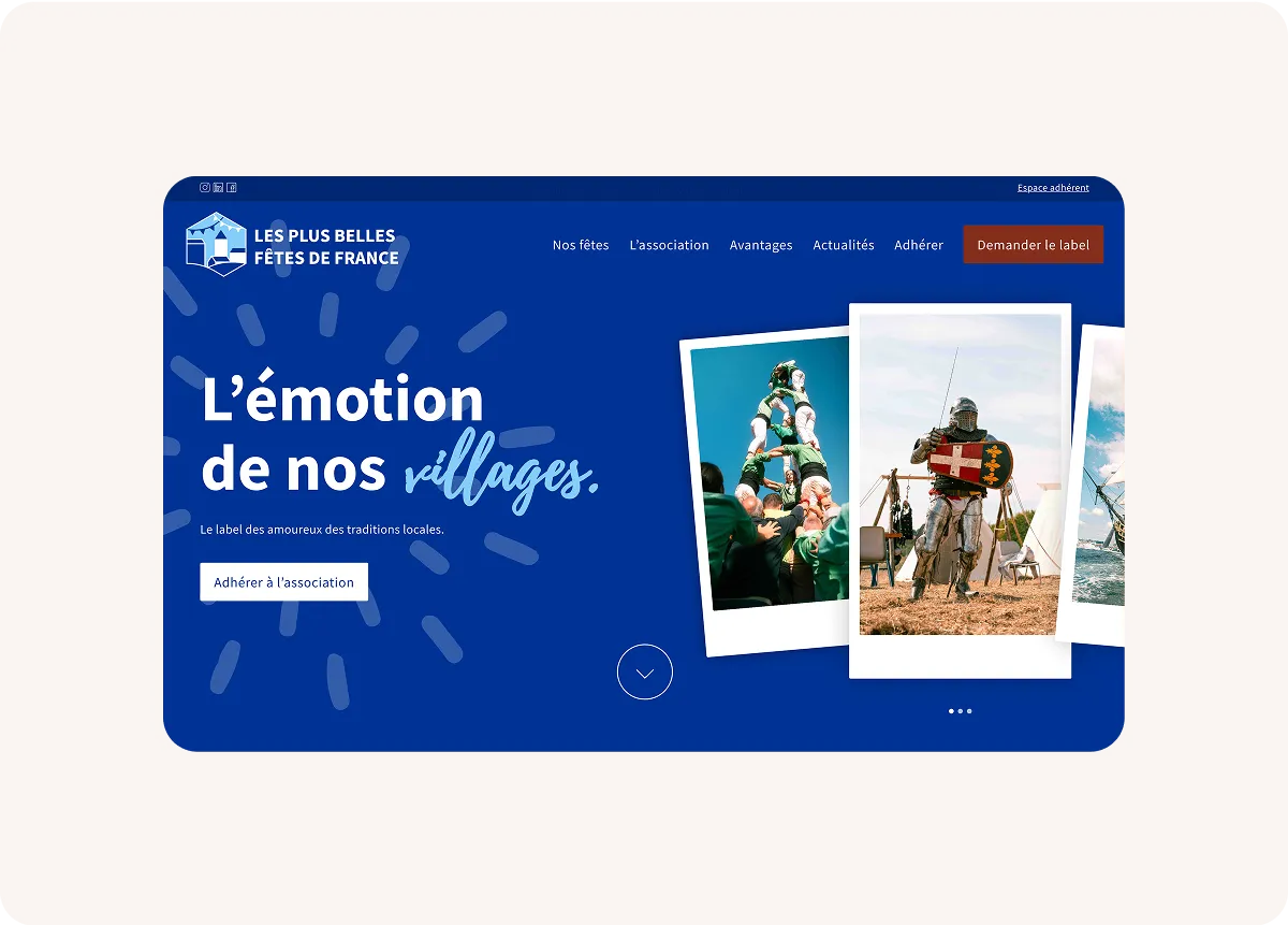 Page d'accueil du site Les Plus Belles Fêtes de France avec des photos de villageois formant une pyramide humaine, un chevalier en armure et un bateau à voile.