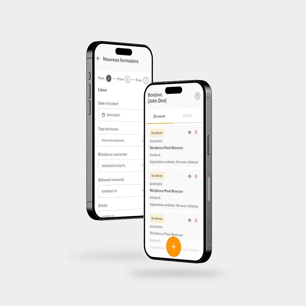 Deux smartphones affichant une application de formulaire et de suivi des incidents avec des entrées comme dates, lieux, et statuts en attente.