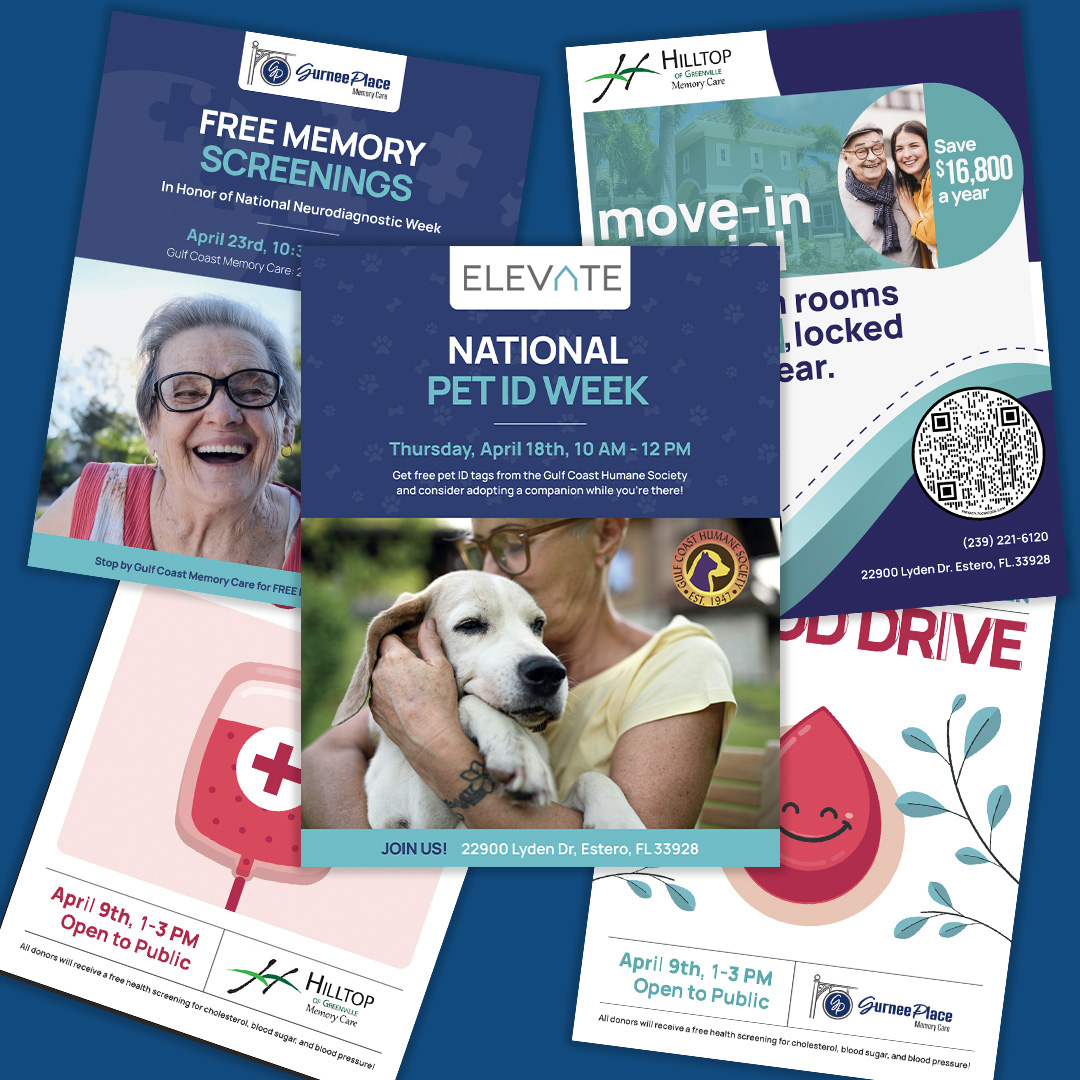 A collection of promotional flyers for community events, including pet ID week, memory screenings, and a blood drive.