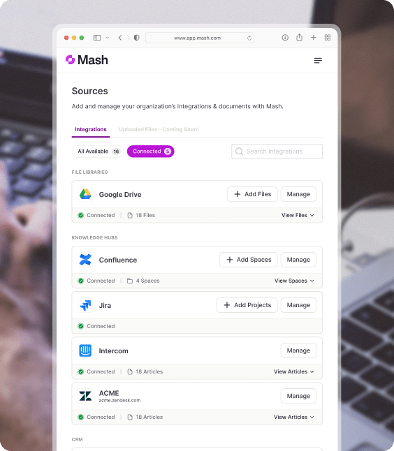 Mash's admin dashboard where they can adjust their integrations