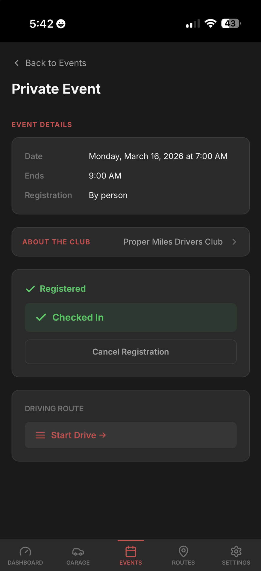Member event view with check-in and Start Drive