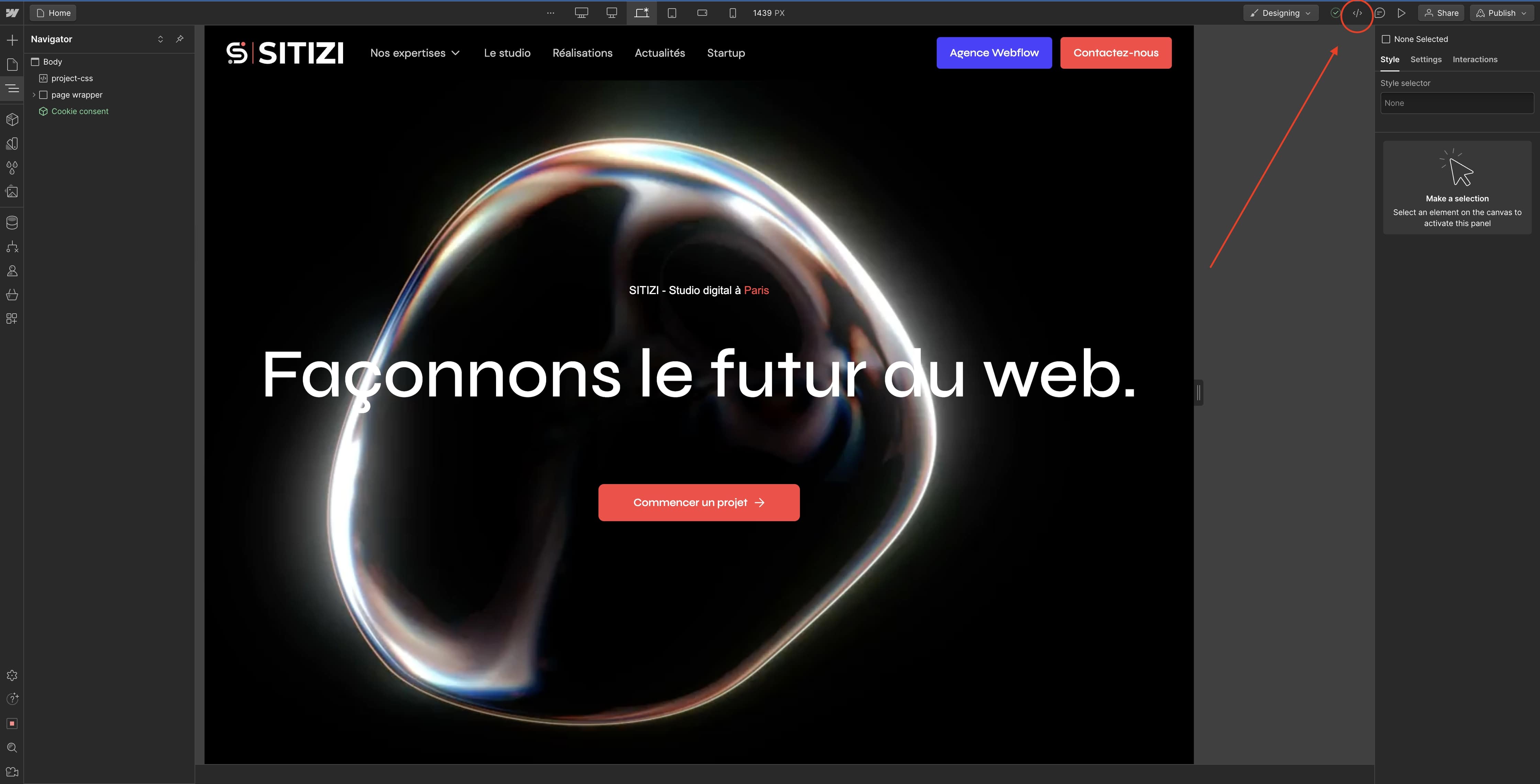 exporter code webflow page
