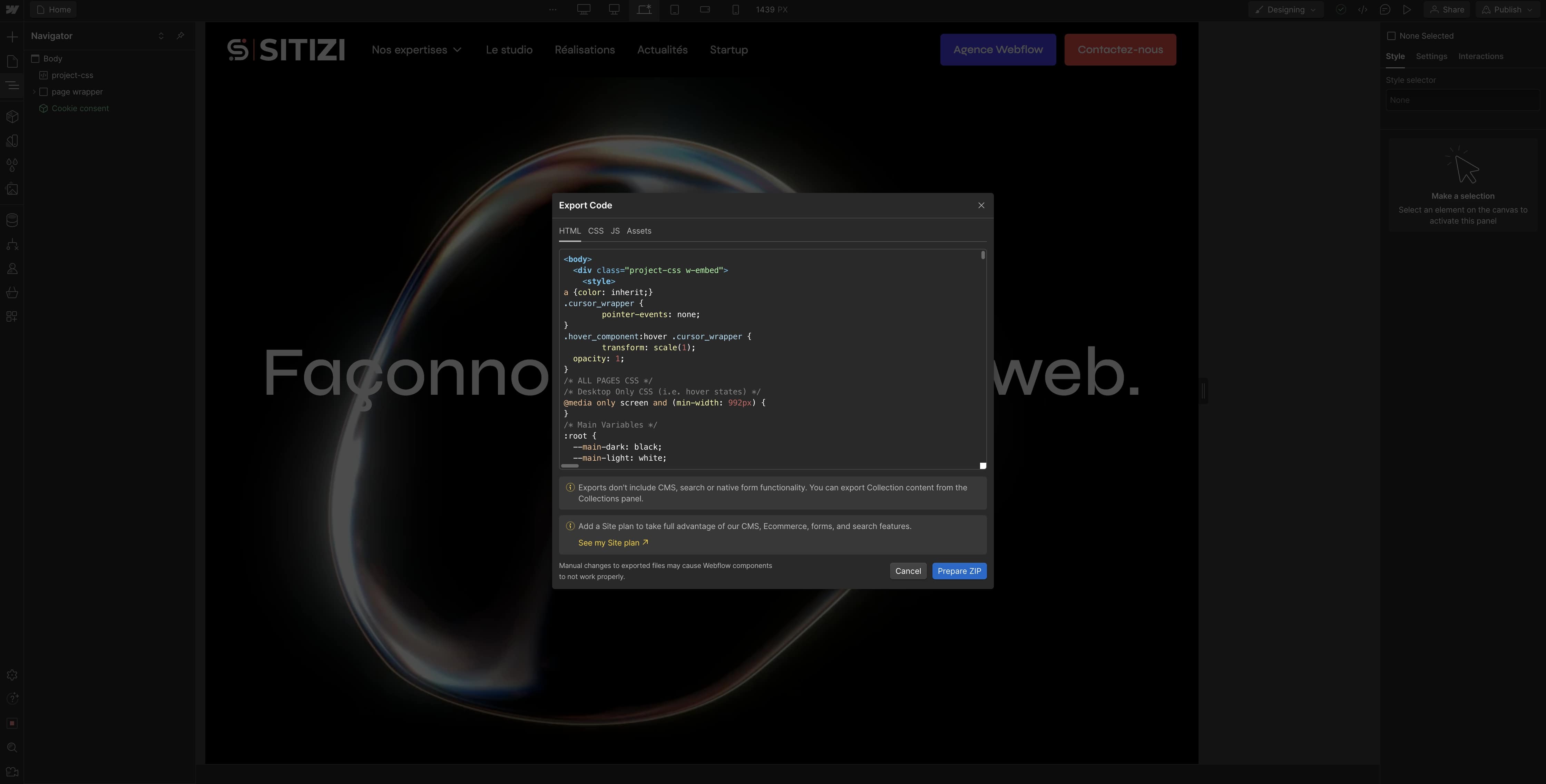 comment exporter code html webflow